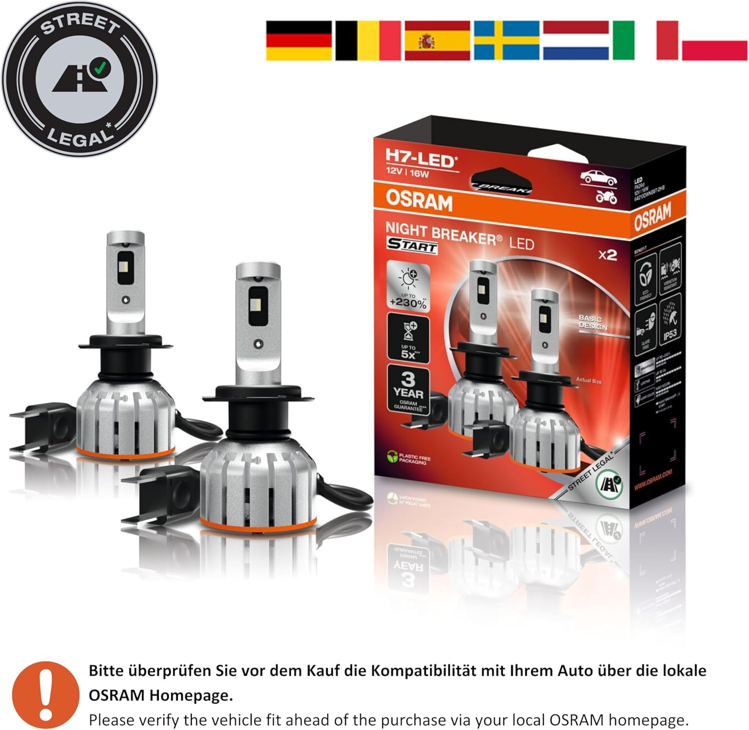 Osram Night Breaker LED Speed H7 – Straßenzugelassene LED Scheinwerferlampe, 6000K, Plug & Play