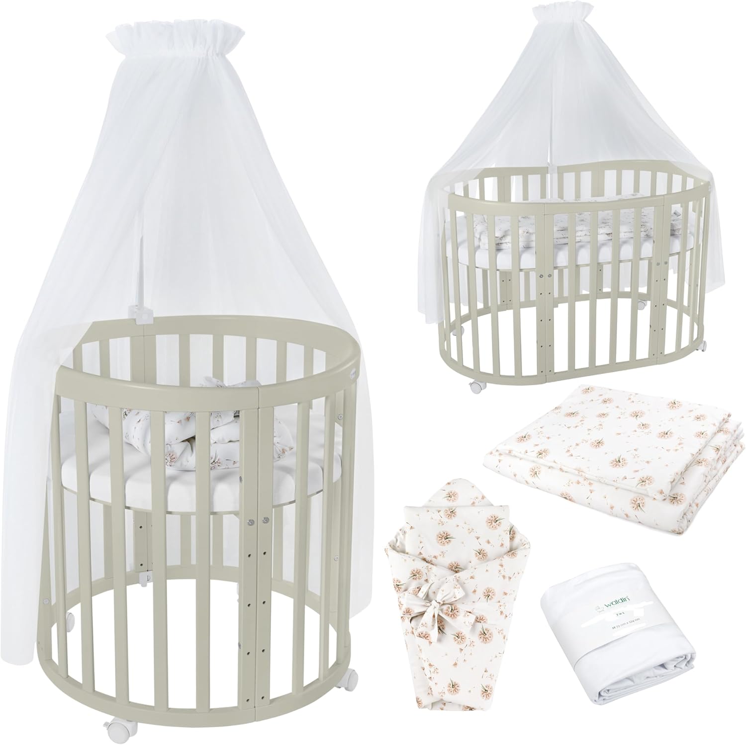 Waldin Oval Baby-Bett 7in1 – Mitwachsend, Gitterbett, Wickelkommode