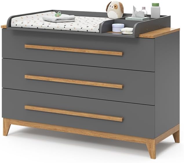 VitaliSpa Wickelkommode Malia XL – 133 x 98 cm, 3 Schubladen, Weiß/Eiche