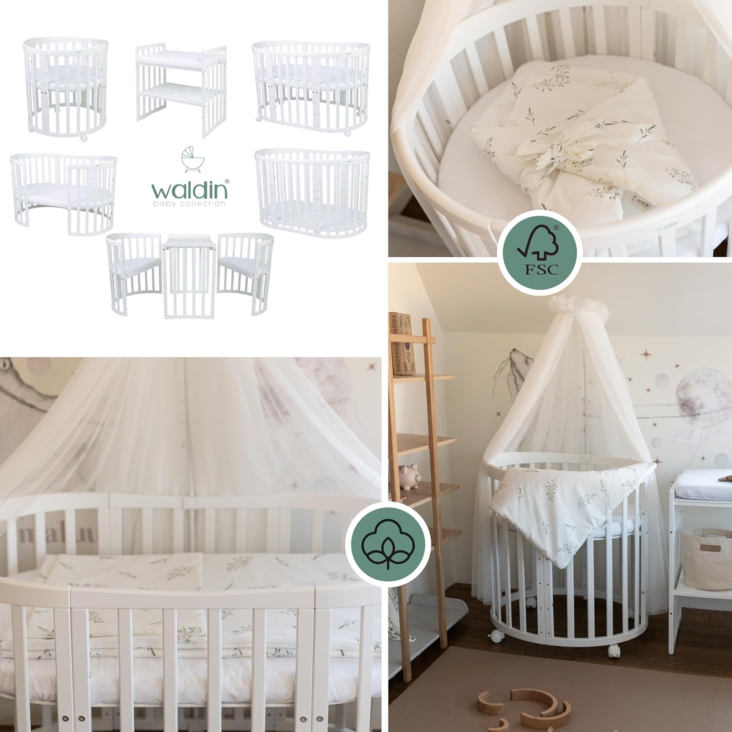 Waldin Oval Baby-Bett 7in1 – Mitwachsend, Gitterbett, Wickelkommode
