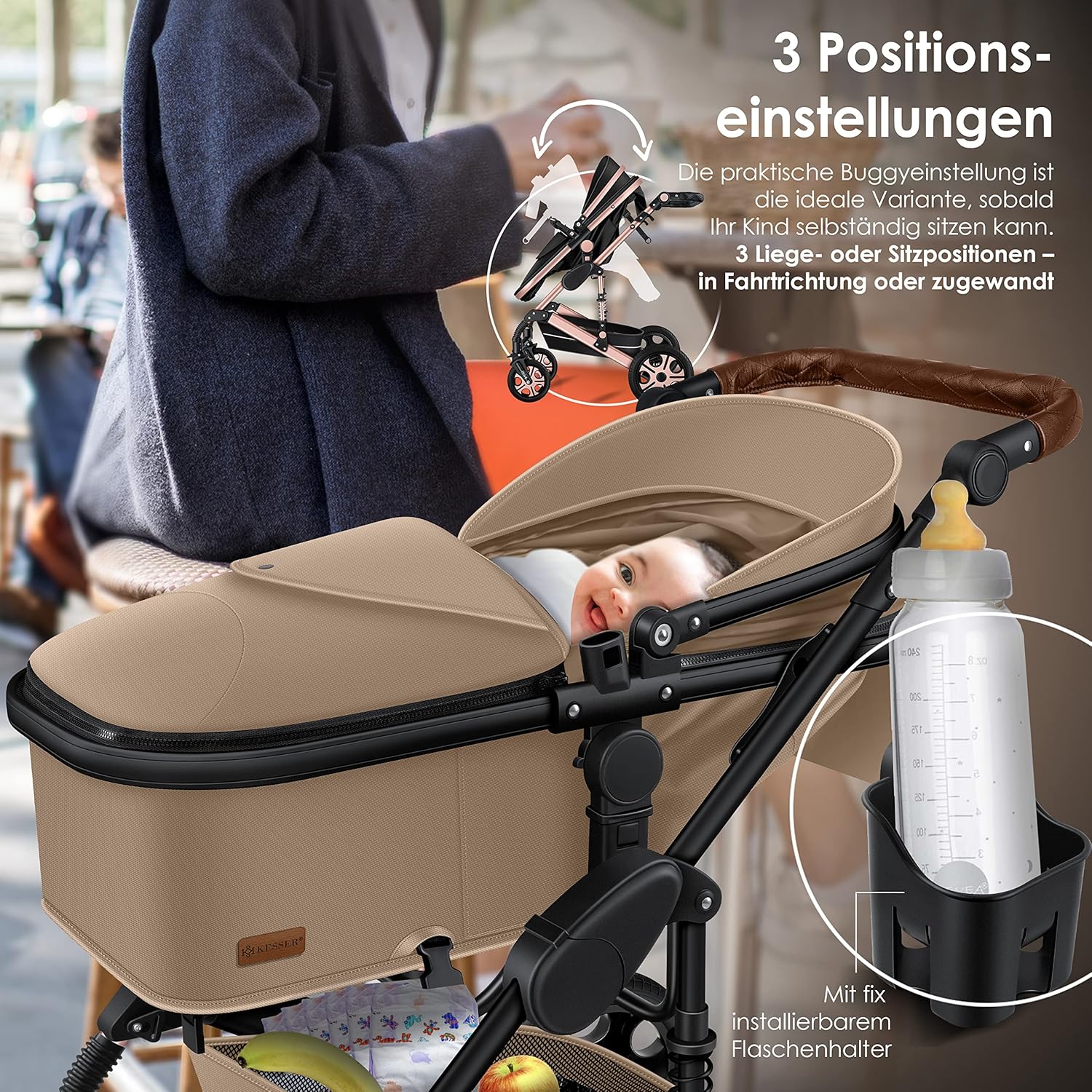 KESSER® Loops 3 in 1 Kinderwagen – Babywanne, Buggy Sportsitz, Auto-Babyschale