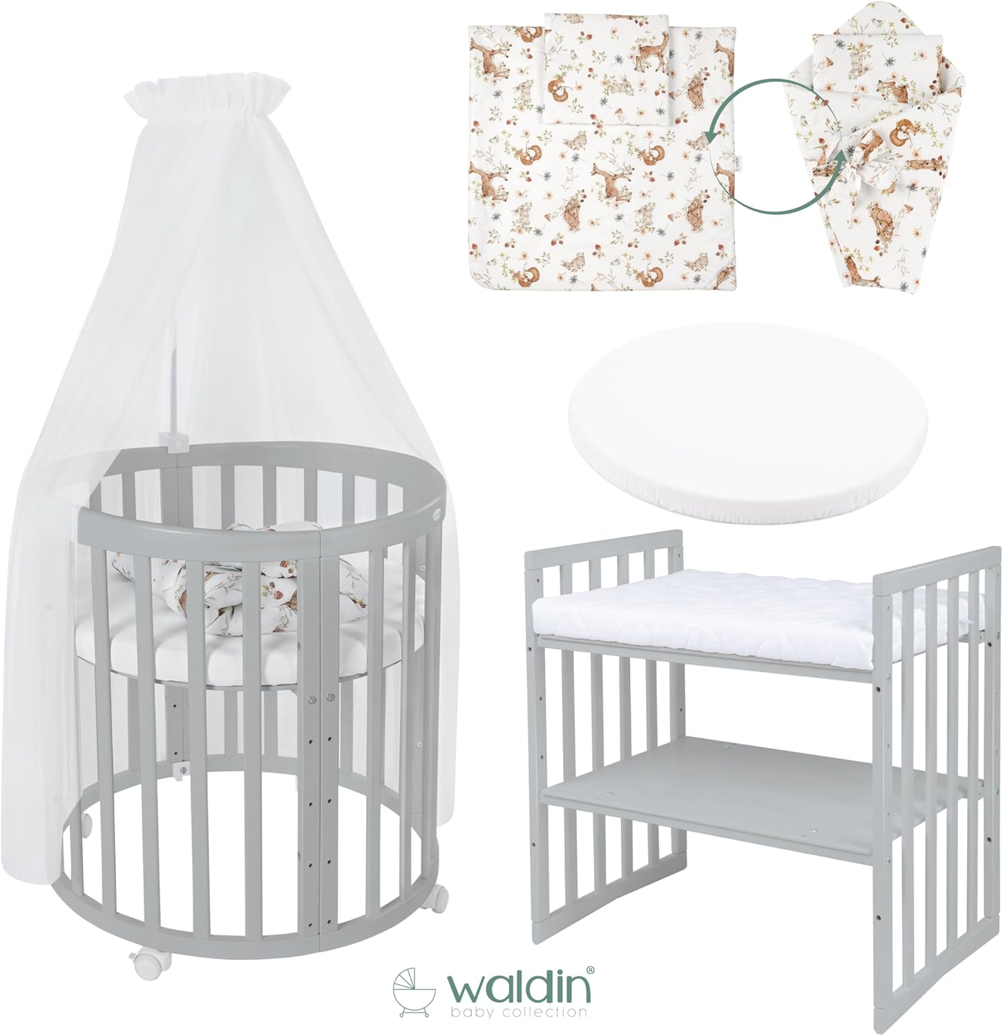 Waldin Oval Baby-Bett 7in1 – Mitwachsend, Gitterbett, Wickelkommode
