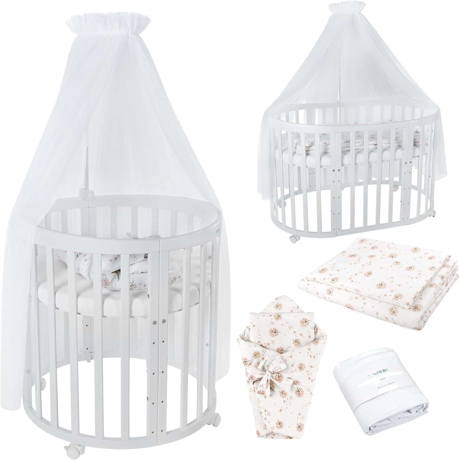 Waldin Oval Baby-Bett 7in1 – Mitwachsend, Gitterbett, Wickelkommode