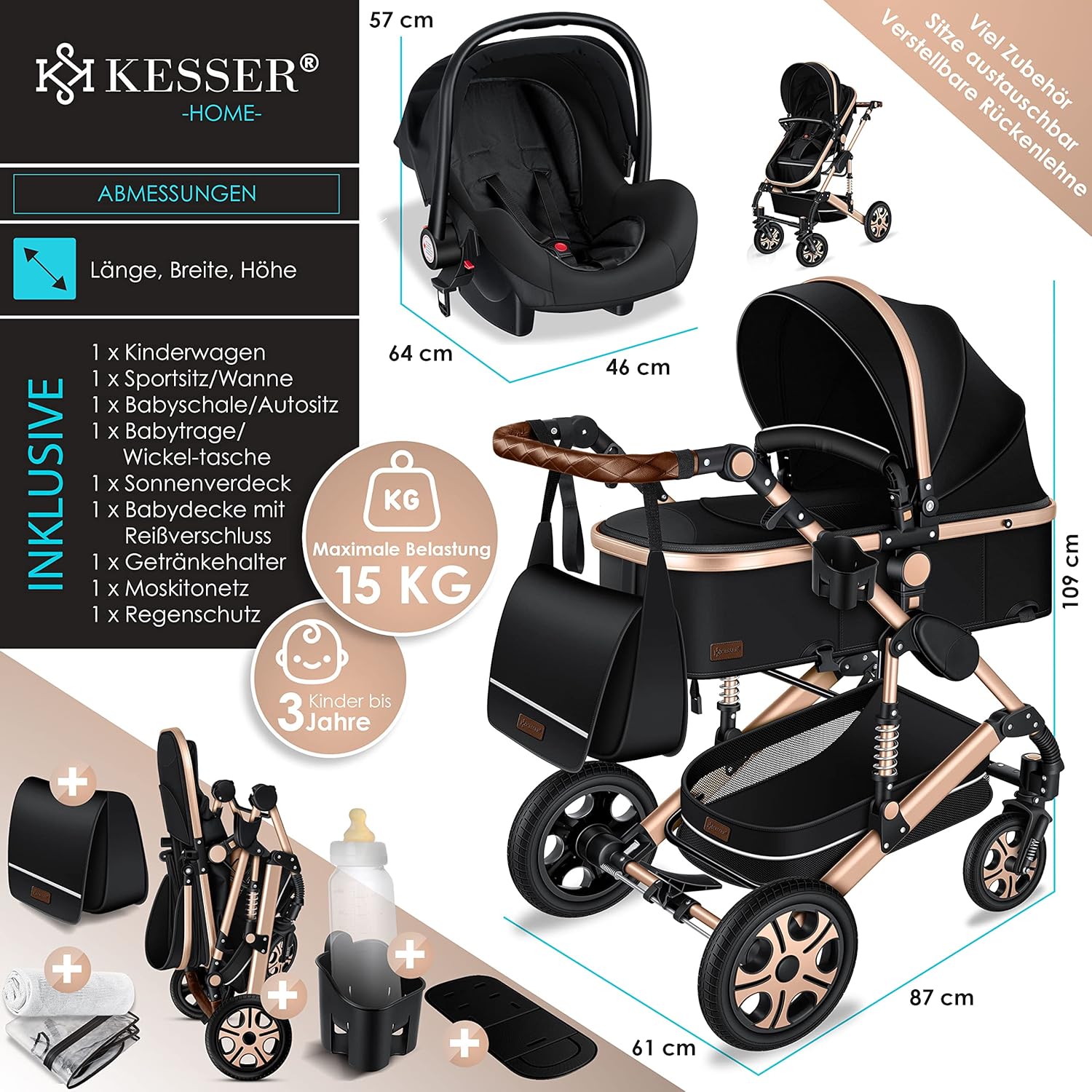 KESSER® Loops 3 in 1 Kinderwagen – Babywanne, Buggy Sportsitz, Auto-Babyschale