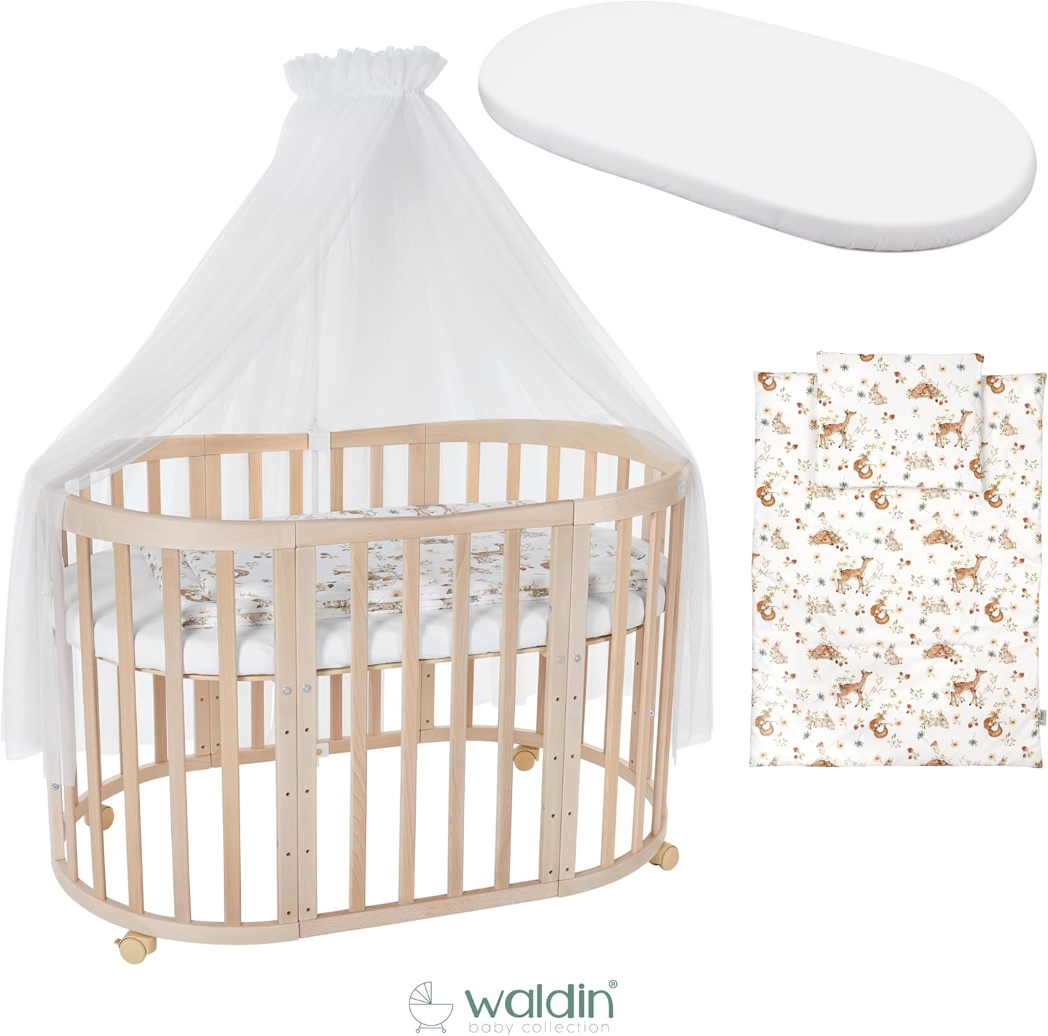 Waldin Oval Baby-Bett 7in1 – Mitwachsend, Gitterbett, Wickelkommode