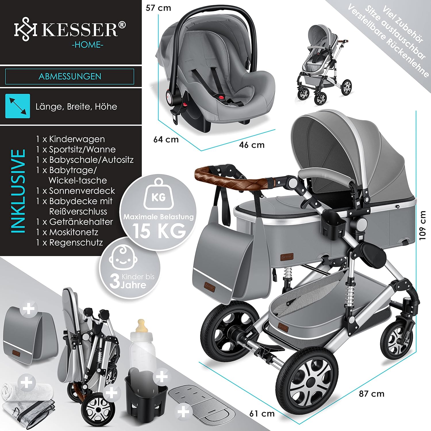 KESSER® Loops 3 in 1 Kinderwagen – Babywanne, Buggy Sportsitz, Auto-Babyschale