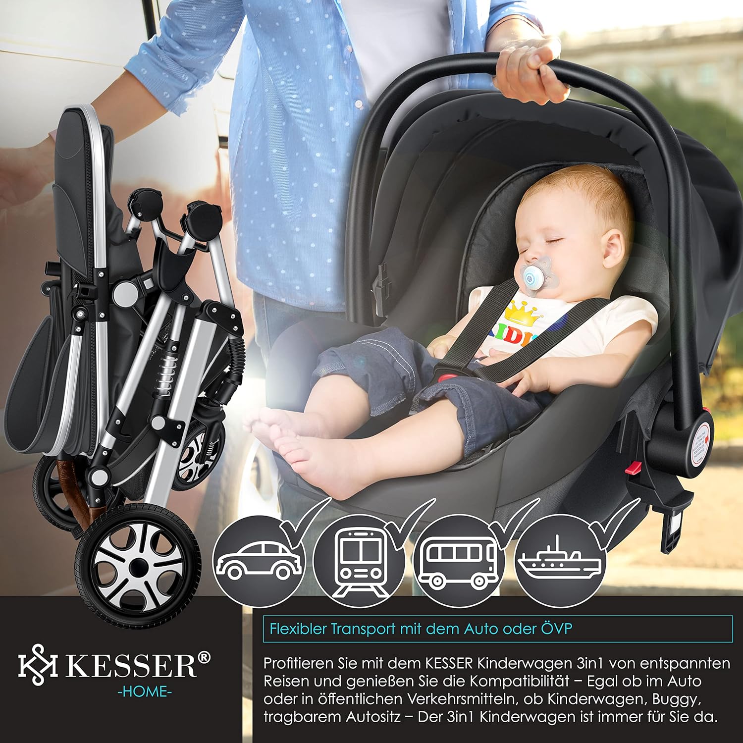 KESSER® Loops 3 in 1 Kinderwagen – Babywanne, Buggy Sportsitz, Auto-Babyschale