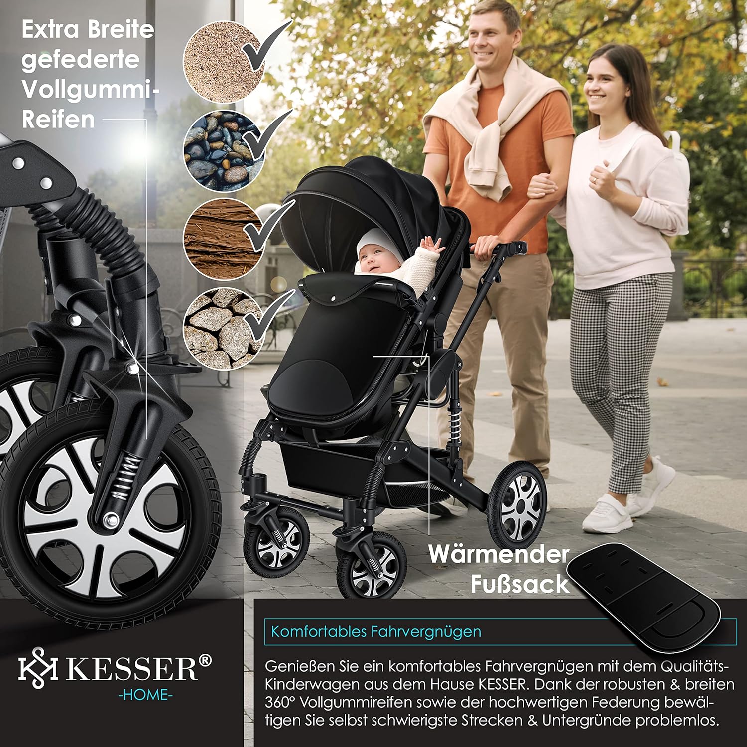 KESSER® Loops 3 in 1 Kinderwagen – Babywanne, Buggy Sportsitz, Auto-Babyschale