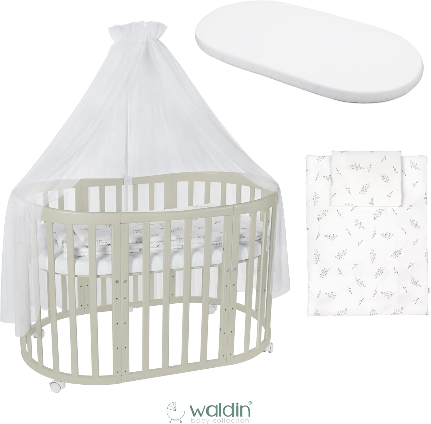 Waldin Oval Baby-Bett 7in1 – Mitwachsend, Gitterbett, Wickelkommode