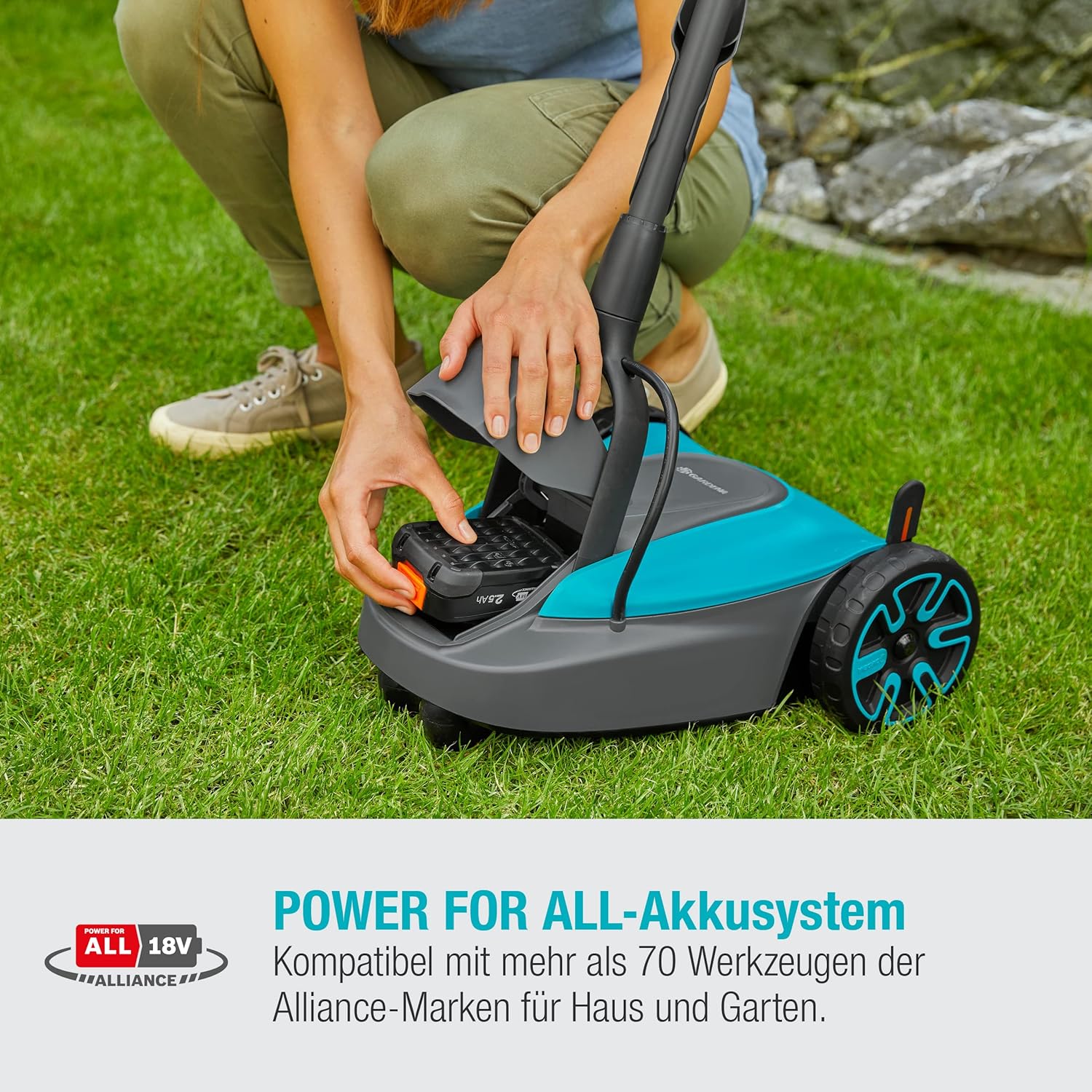Gardena Akku-Rasenmäher HandyMower 22/18V P4A – Leicht, Effizient & Akku-betrieben für kleine Gärten bis 50 m², Mulchfunktion, Einstellbare Schnitthöhe, Inkl. 18V P4A Akku & Ladegerät