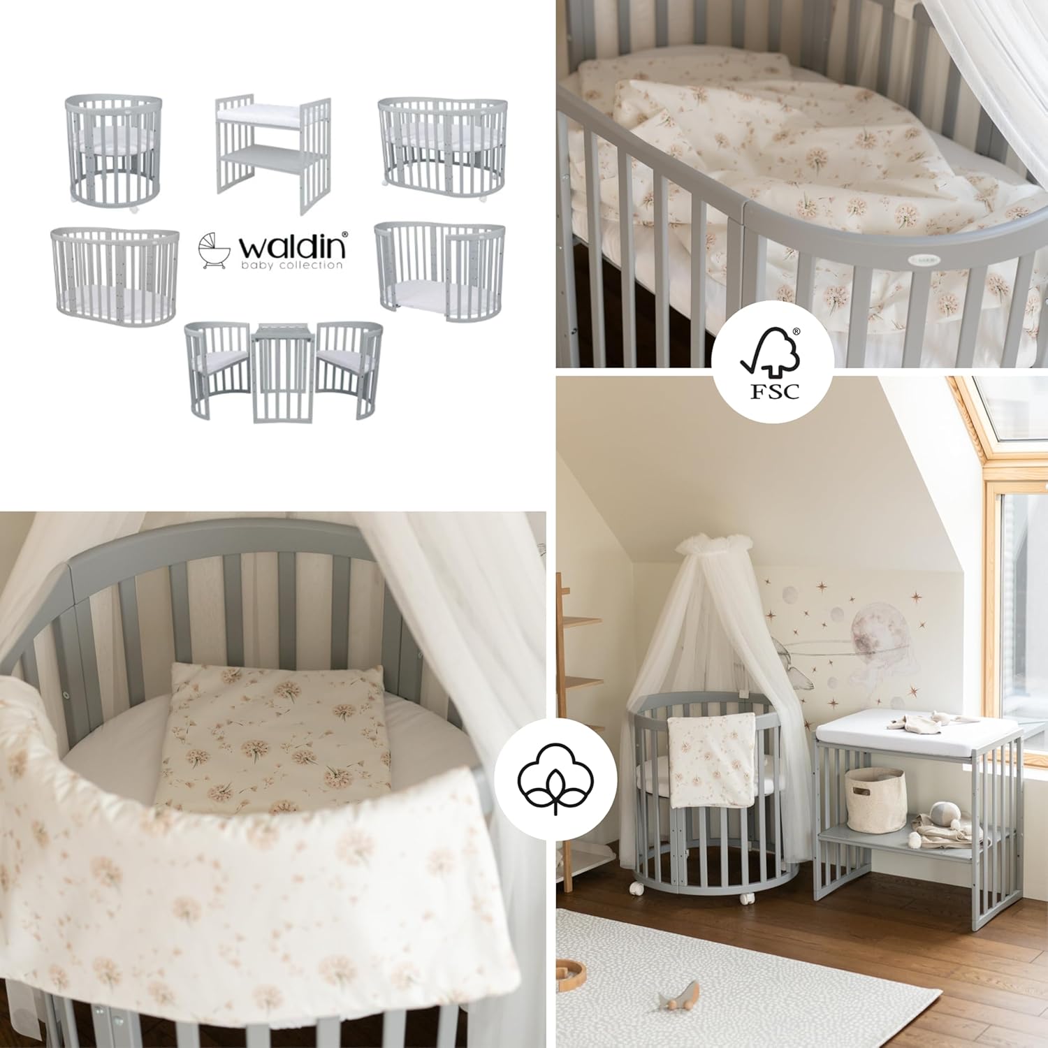 Waldin Oval Baby-Bett 7in1 – Mitwachsend, Gitterbett, Wickelkommode