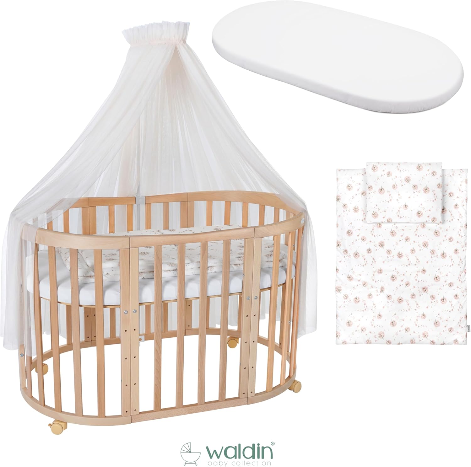 Waldin Oval Baby-Bett 7in1 – Mitwachsend, Gitterbett, Wickelkommode