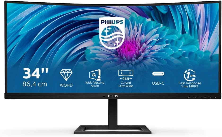 Philips 346E2CUAE – 34 Zoll Curved USB-C Monitor mit WQHD, Ambitler UltraWide & MultiView