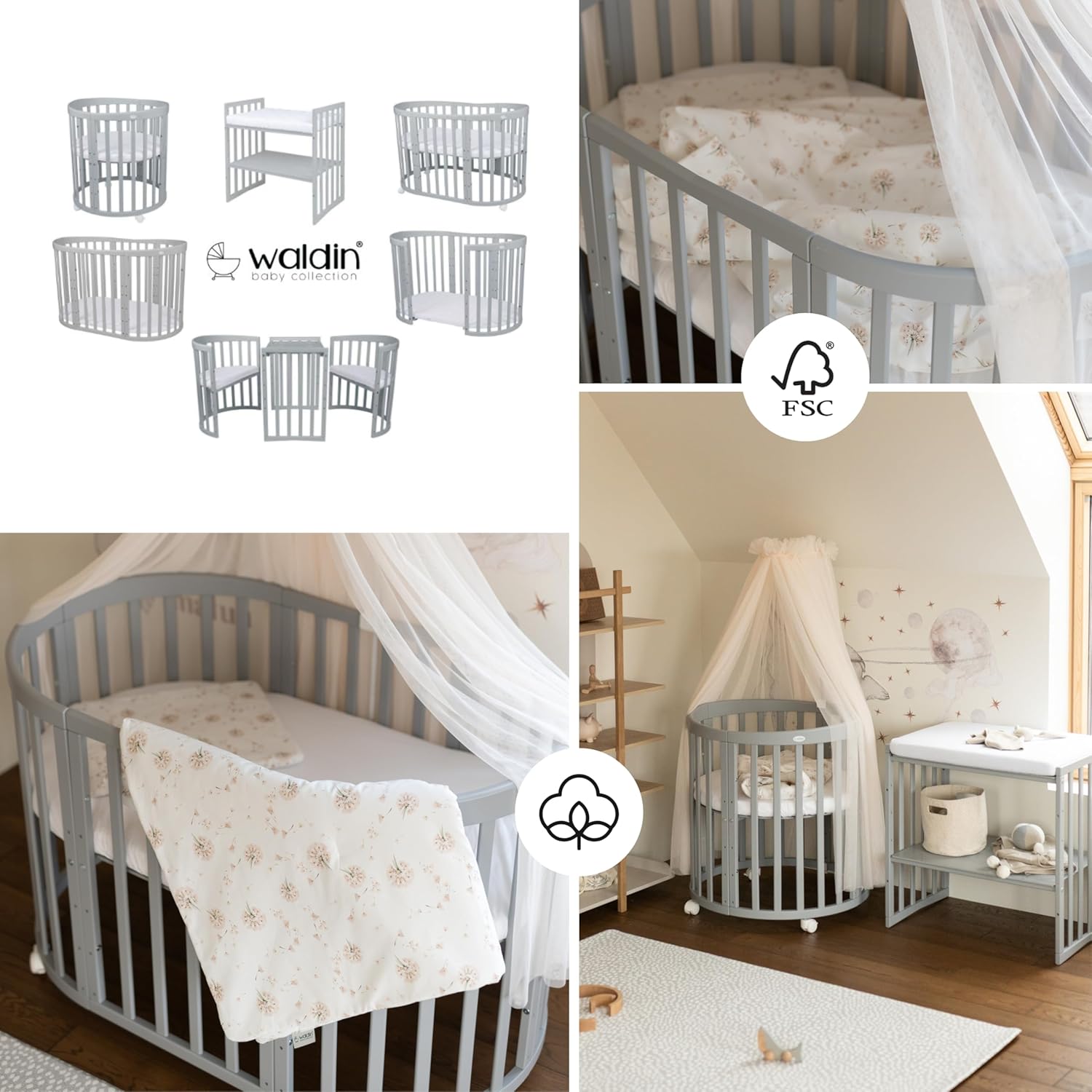 Waldin Oval Baby-Bett 7in1 – Mitwachsend, Gitterbett, Wickelkommode