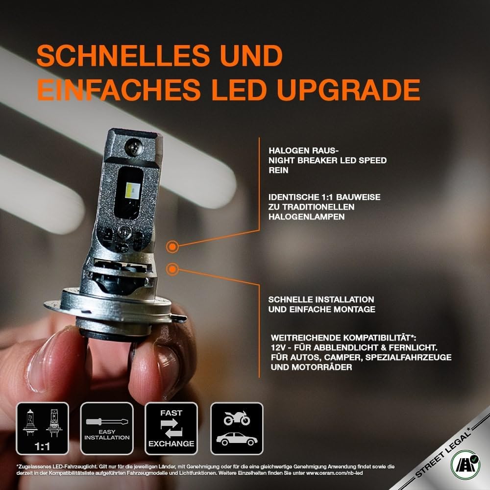 Osram Night Breaker LED Speed H7 – Straßenzugelassene LED Scheinwerferlampe, 6000K, Plug & Play