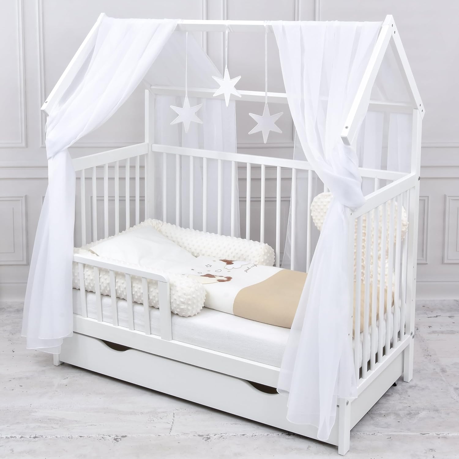 Baby Delux Babybett Hausbett – 60x120 cm, Komplett Set, Schublade & Rausfallschutz