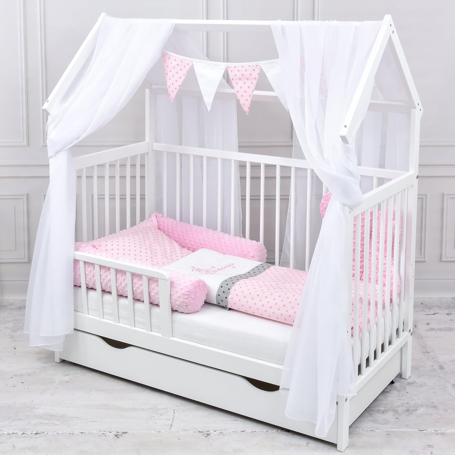 Baby Delux Babybett Hausbett – 60x120 cm, Komplett Set, Schublade & Rausfallschutz