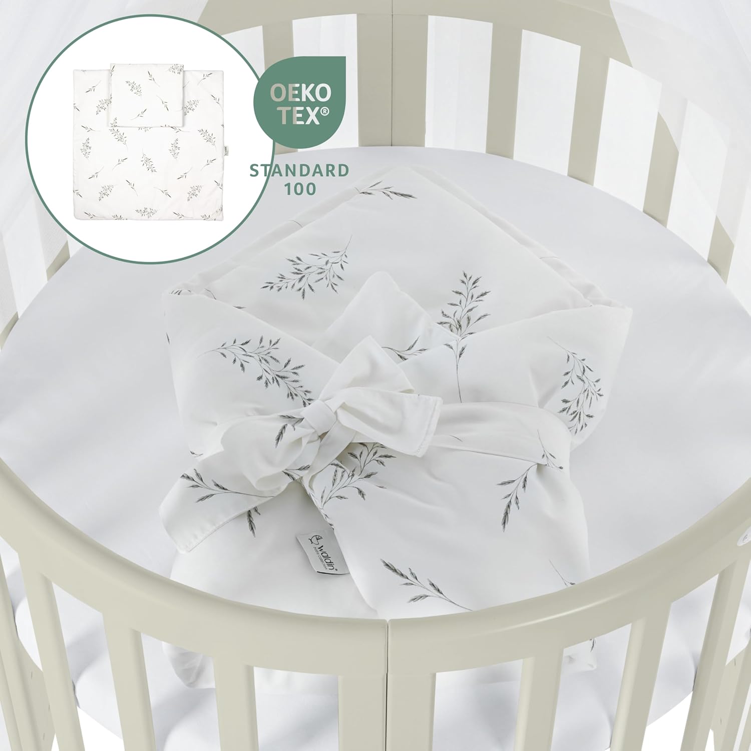 Waldin Oval Baby-Bett 7in1 – Mitwachsend, Gitterbett, Wickelkommode