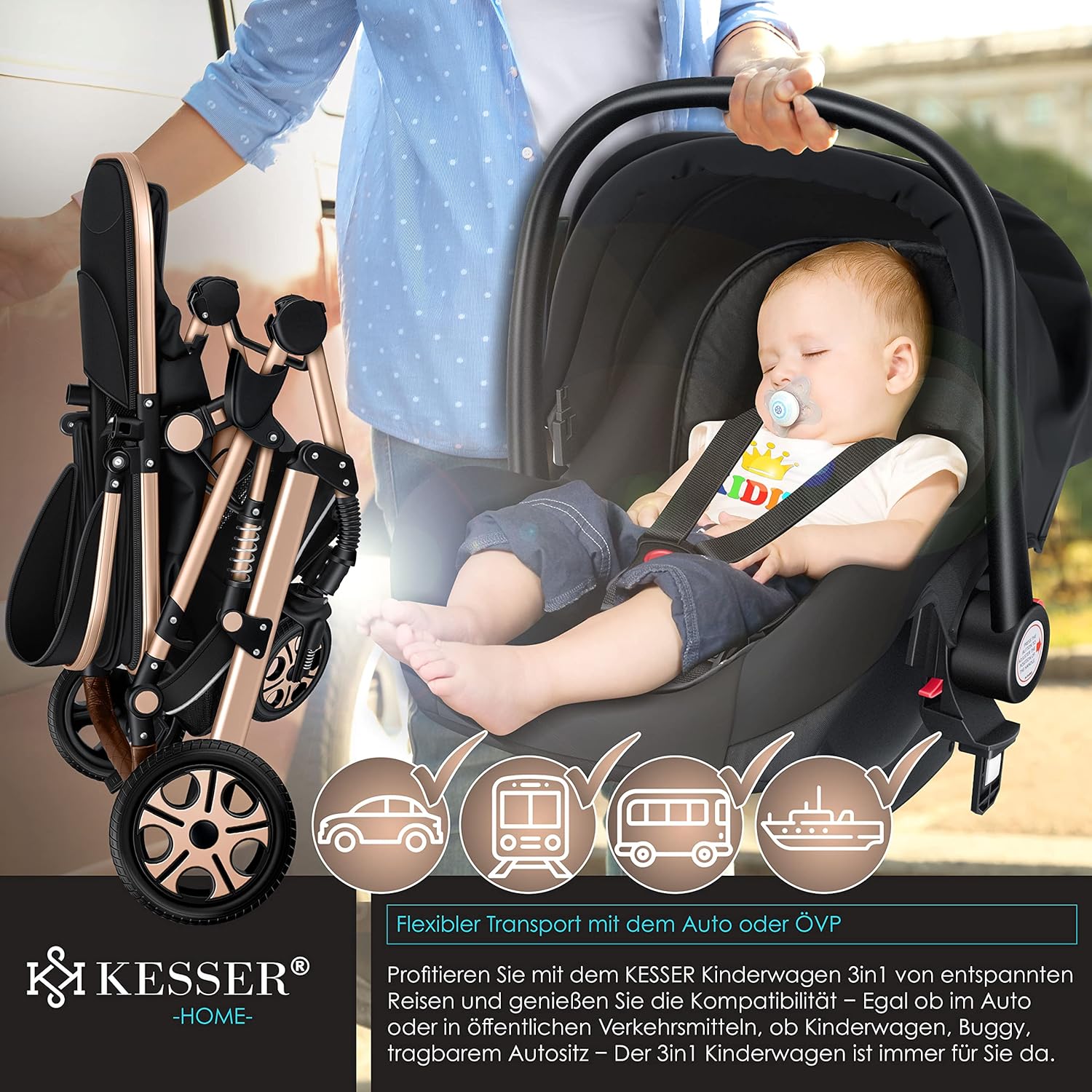 KESSER® Loops 3 in 1 Kinderwagen – Babywanne, Buggy Sportsitz, Auto-Babyschale