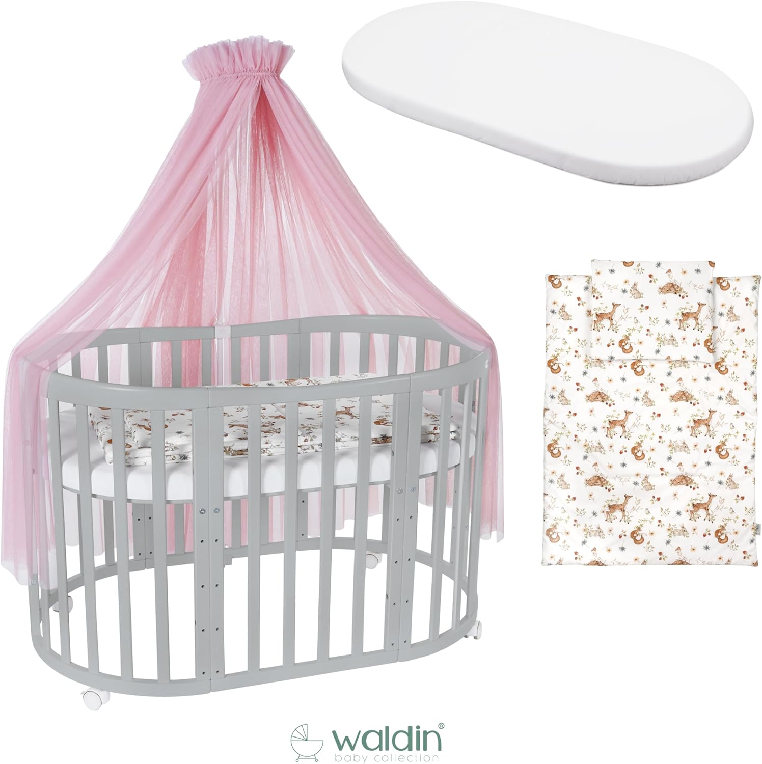 Waldin Oval Baby-Bett 7in1 – Mitwachsend, Gitterbett, Wickelkommode