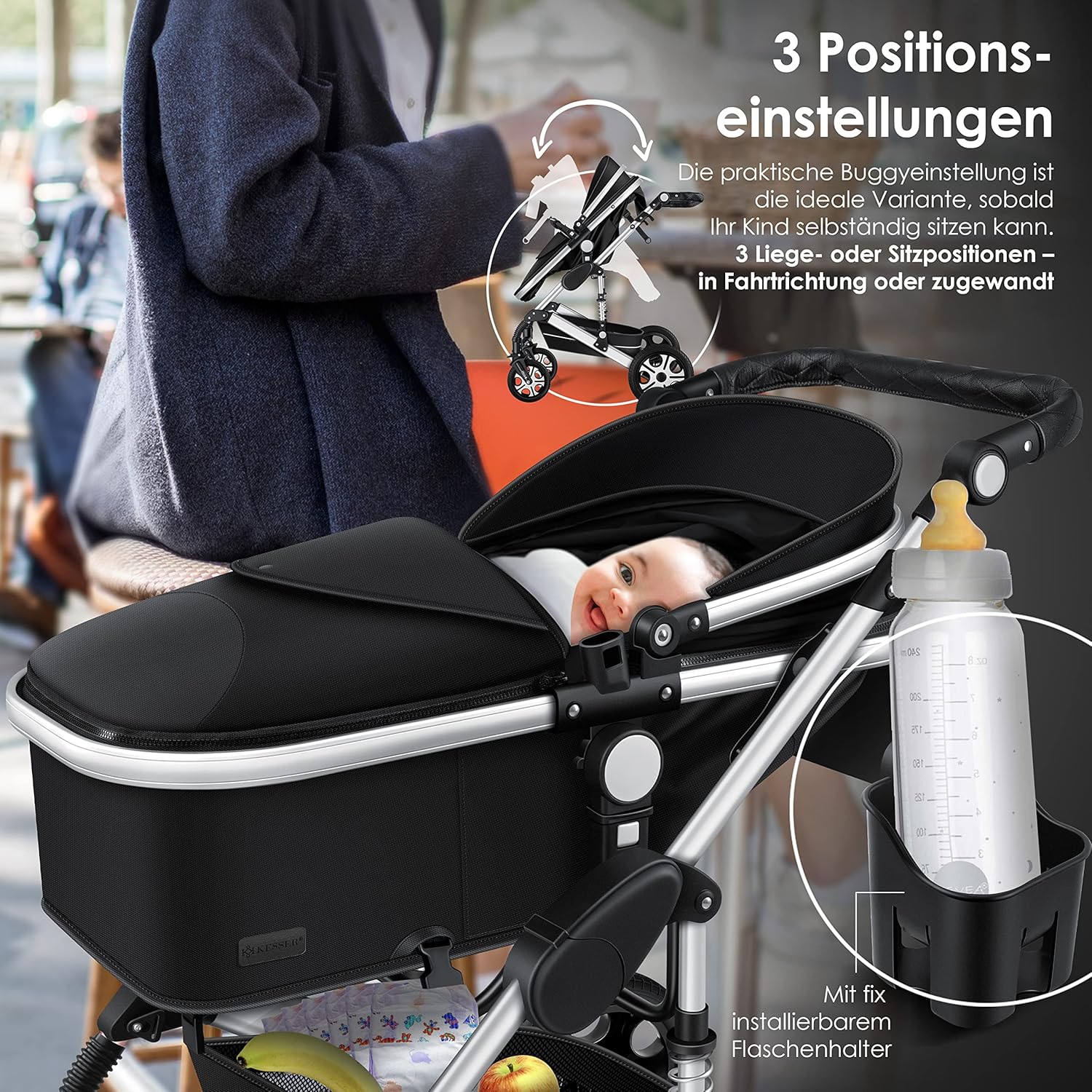 KESSER® Loops 3 in 1 Kinderwagen – Babywanne, Buggy Sportsitz, Auto-Babyschale