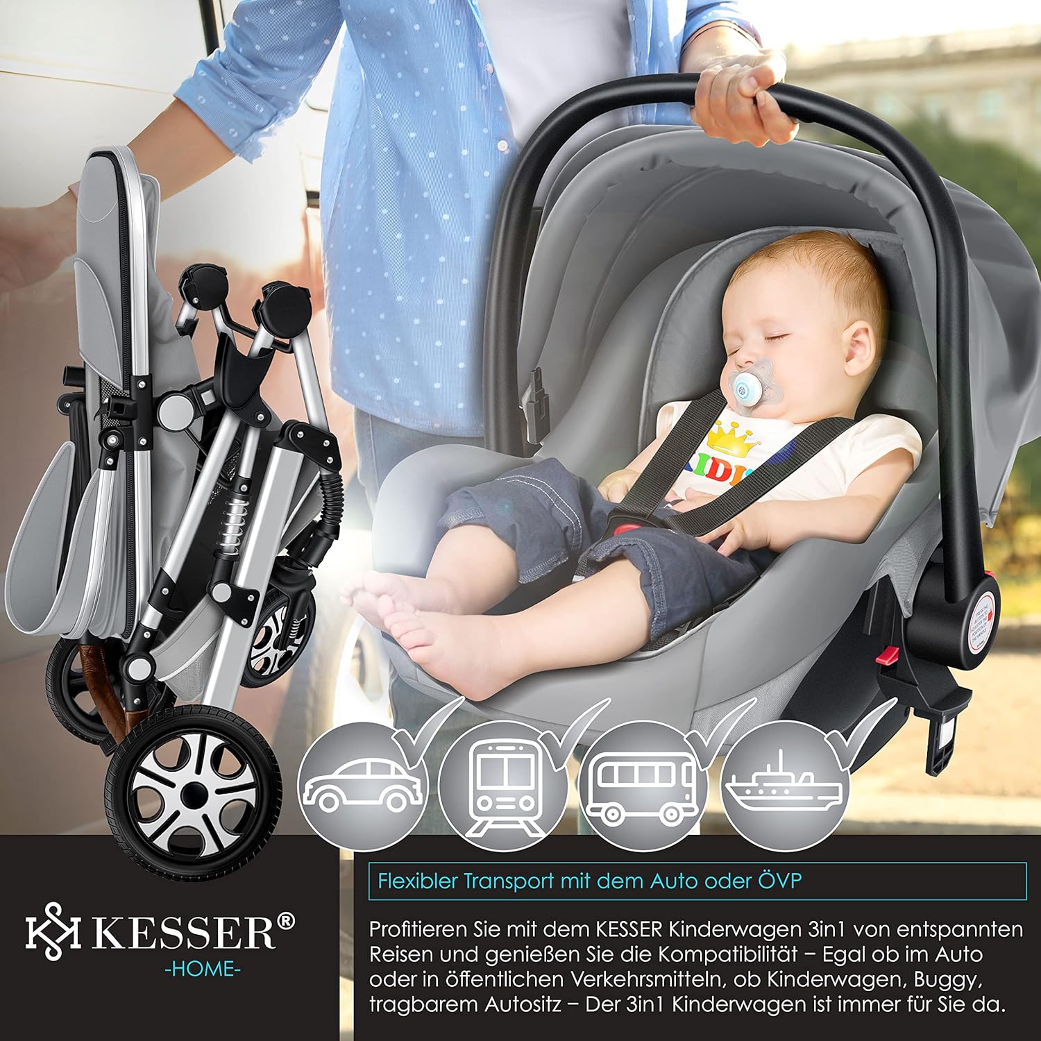 KESSER® Loops 3 in 1 Kinderwagen – Babywanne, Buggy Sportsitz, Auto-Babyschale