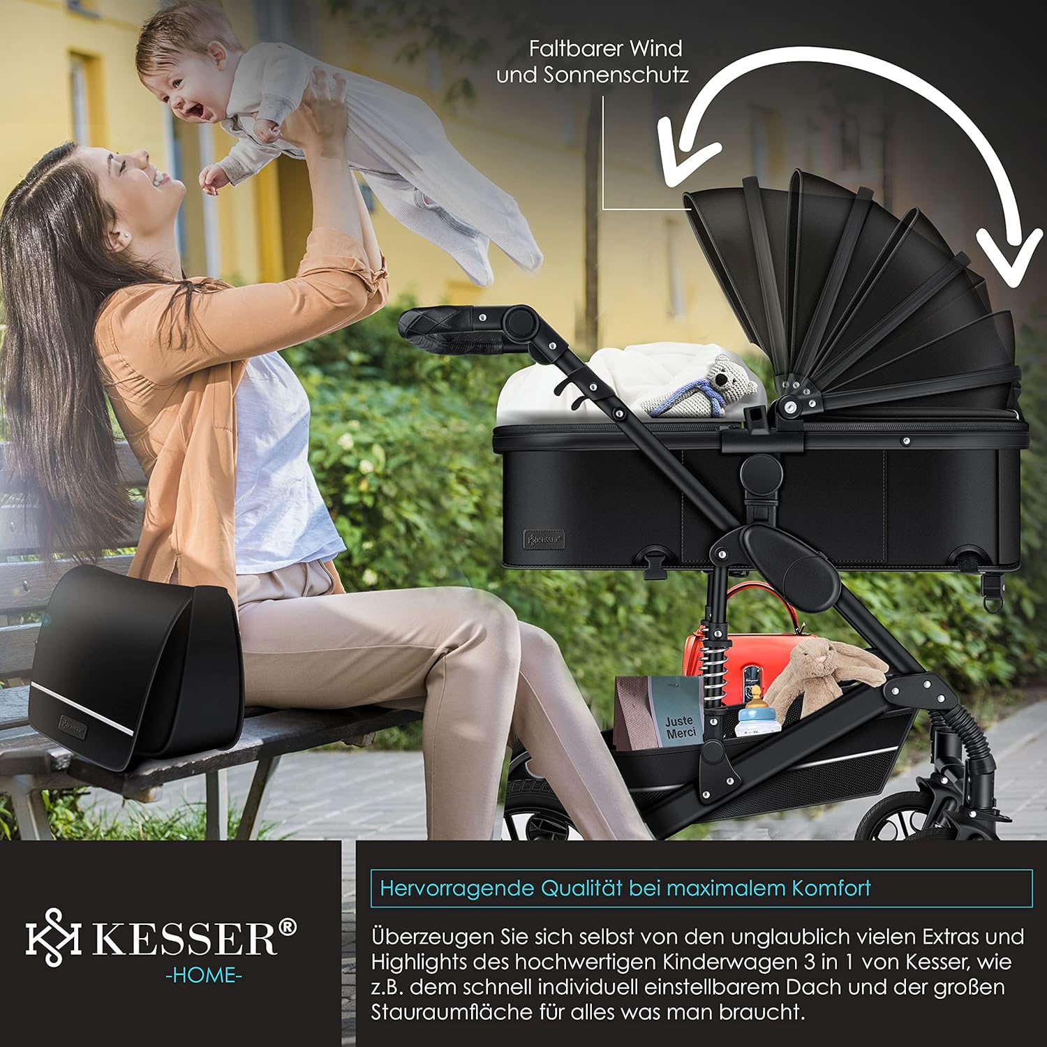 KESSER® Loops 3 in 1 Kinderwagen – Babywanne, Buggy Sportsitz, Auto-Babyschale