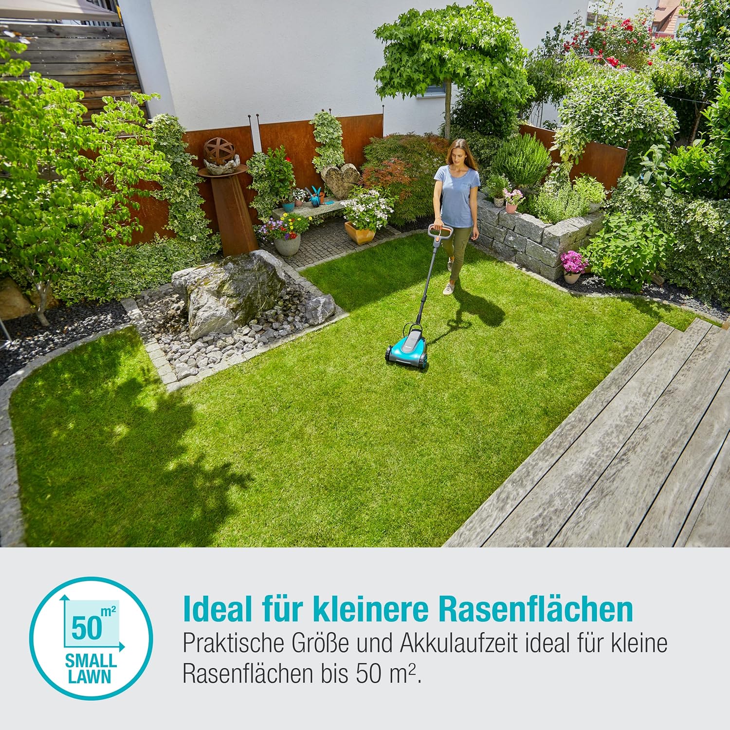 Gardena Akku-Rasenmäher HandyMower 22/18V P4A – Leicht, Effizient & Akku-betrieben für kleine Gärten bis 50 m², Mulchfunktion, Einstellbare Schnitthöhe, Inkl. 18V P4A Akku & Ladegerät