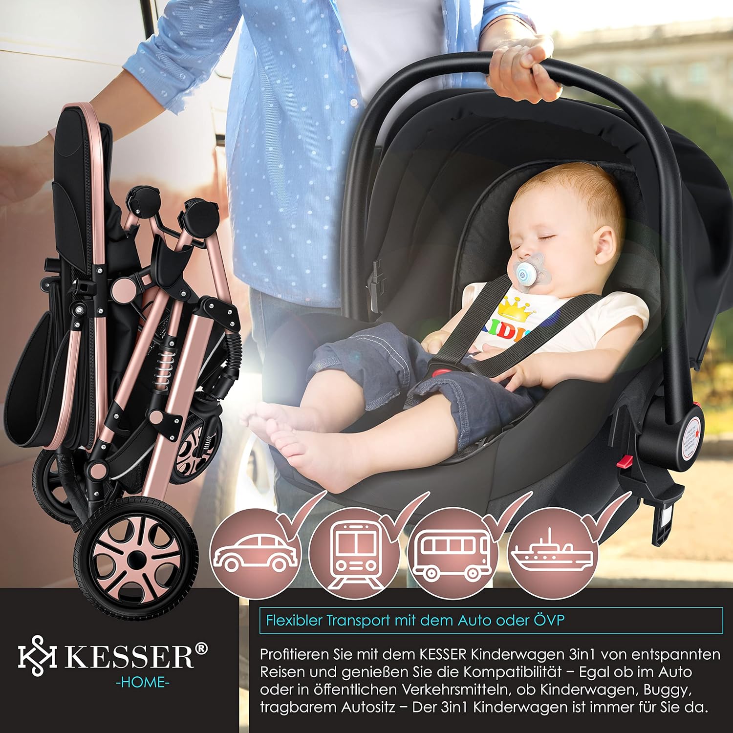 KESSER® Loops 3 in 1 Kinderwagen – Babywanne, Buggy Sportsitz, Auto-Babyschale