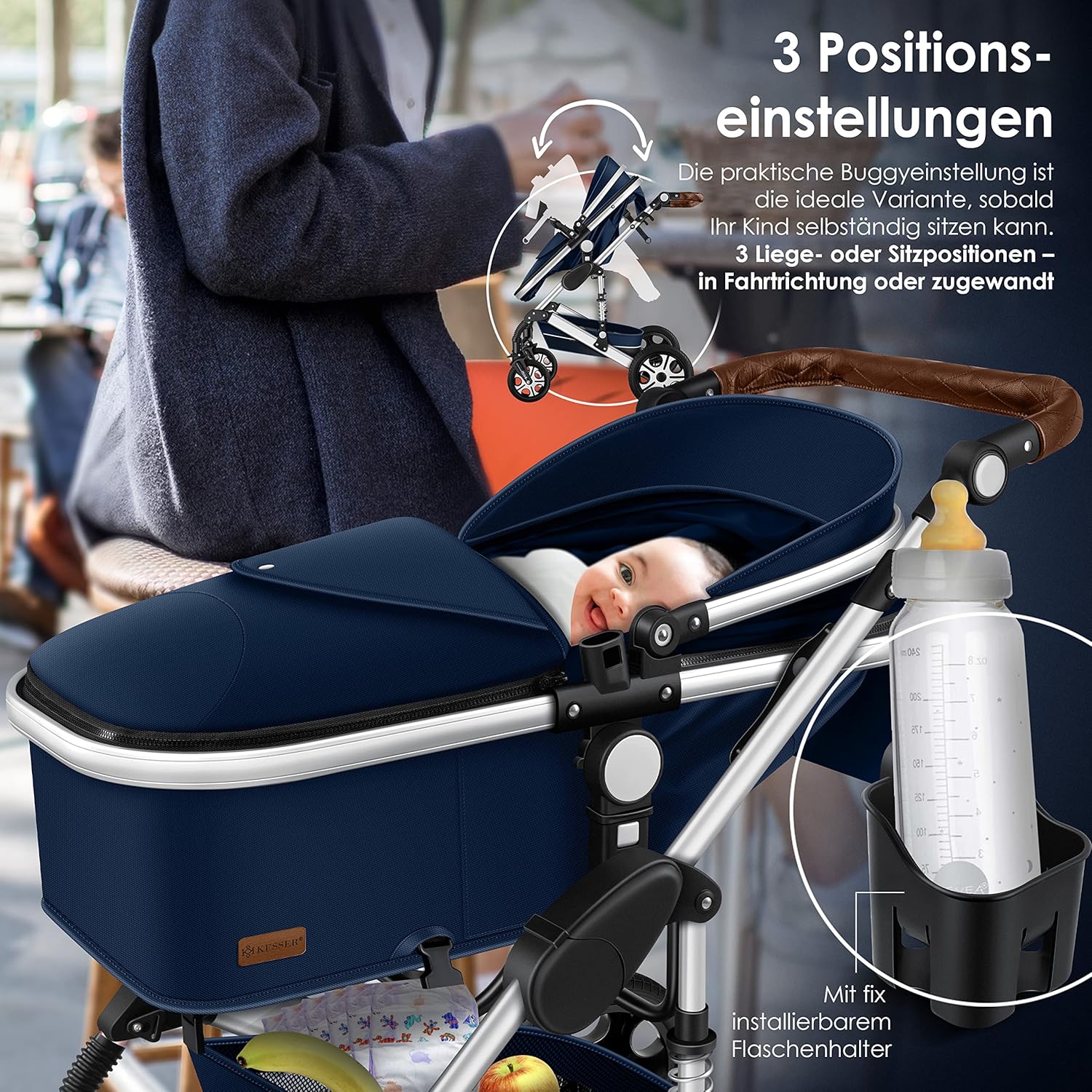 KESSER® Loops 3 in 1 Kinderwagen – Babywanne, Buggy Sportsitz, Auto-Babyschale