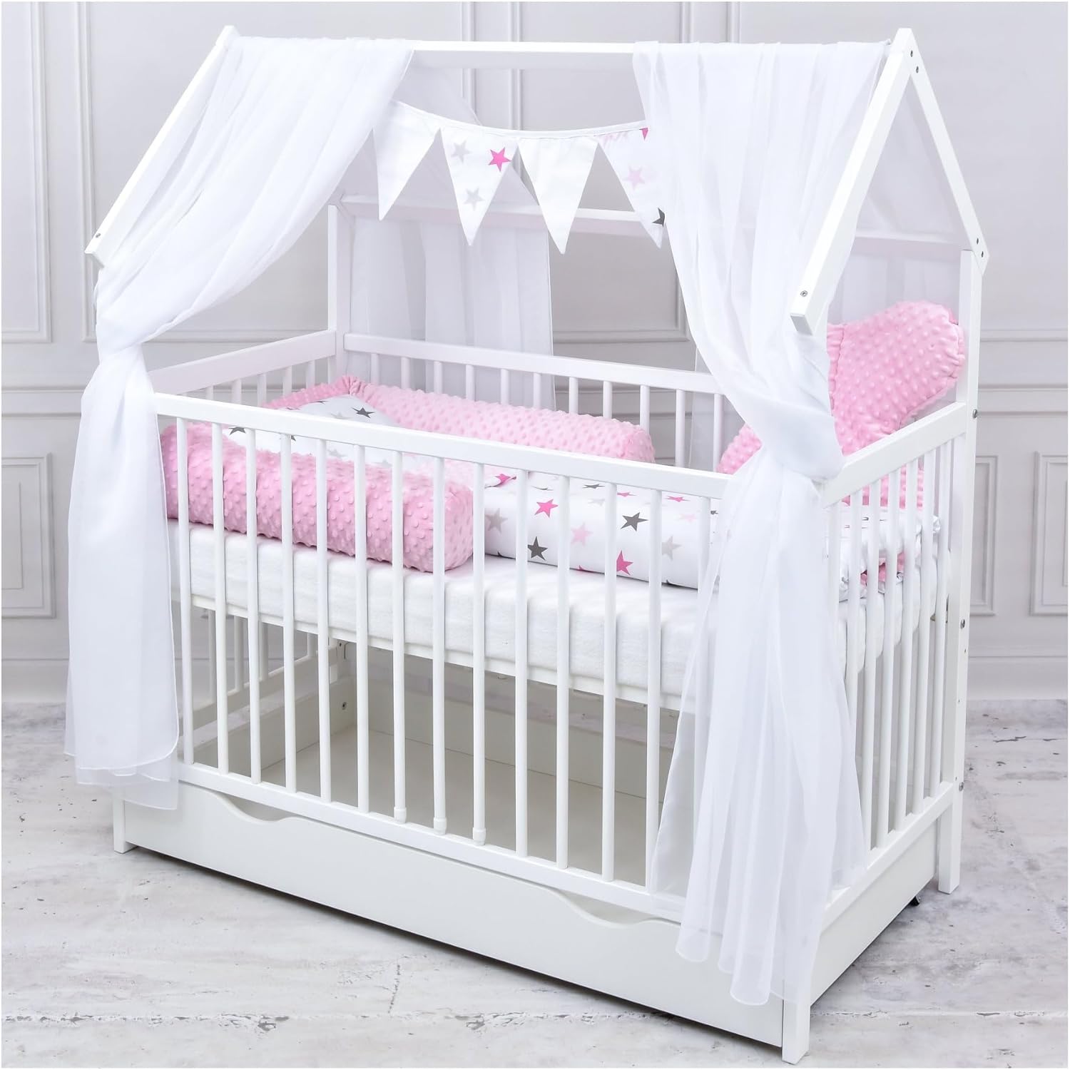 Baby Delux Babybett Hausbett – 60x120 cm, Komplett Set, Schublade & Rausfallschutz