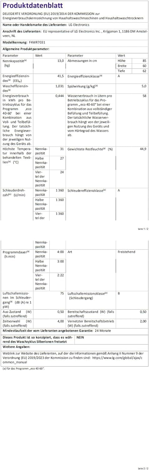LG F4WV7080 Waschmaschine – 8 kg, 1400 U/min, AI Direct Drive