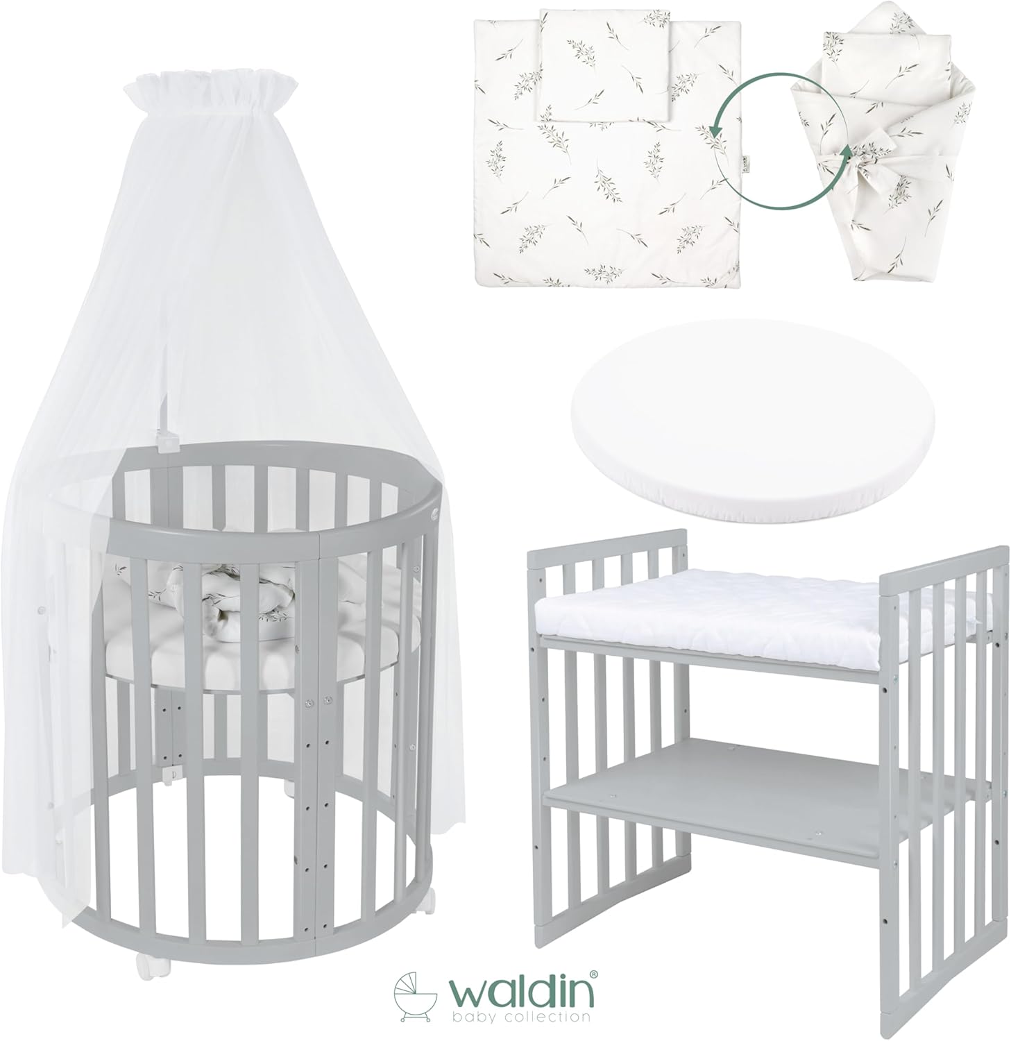 Waldin Oval Baby-Bett 7in1 – Mitwachsend, Gitterbett, Wickelkommode