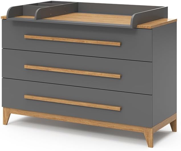 VitaliSpa Wickelkommode Malia XL – 133 x 98 cm, 3 Schubladen, Weiß/Eiche