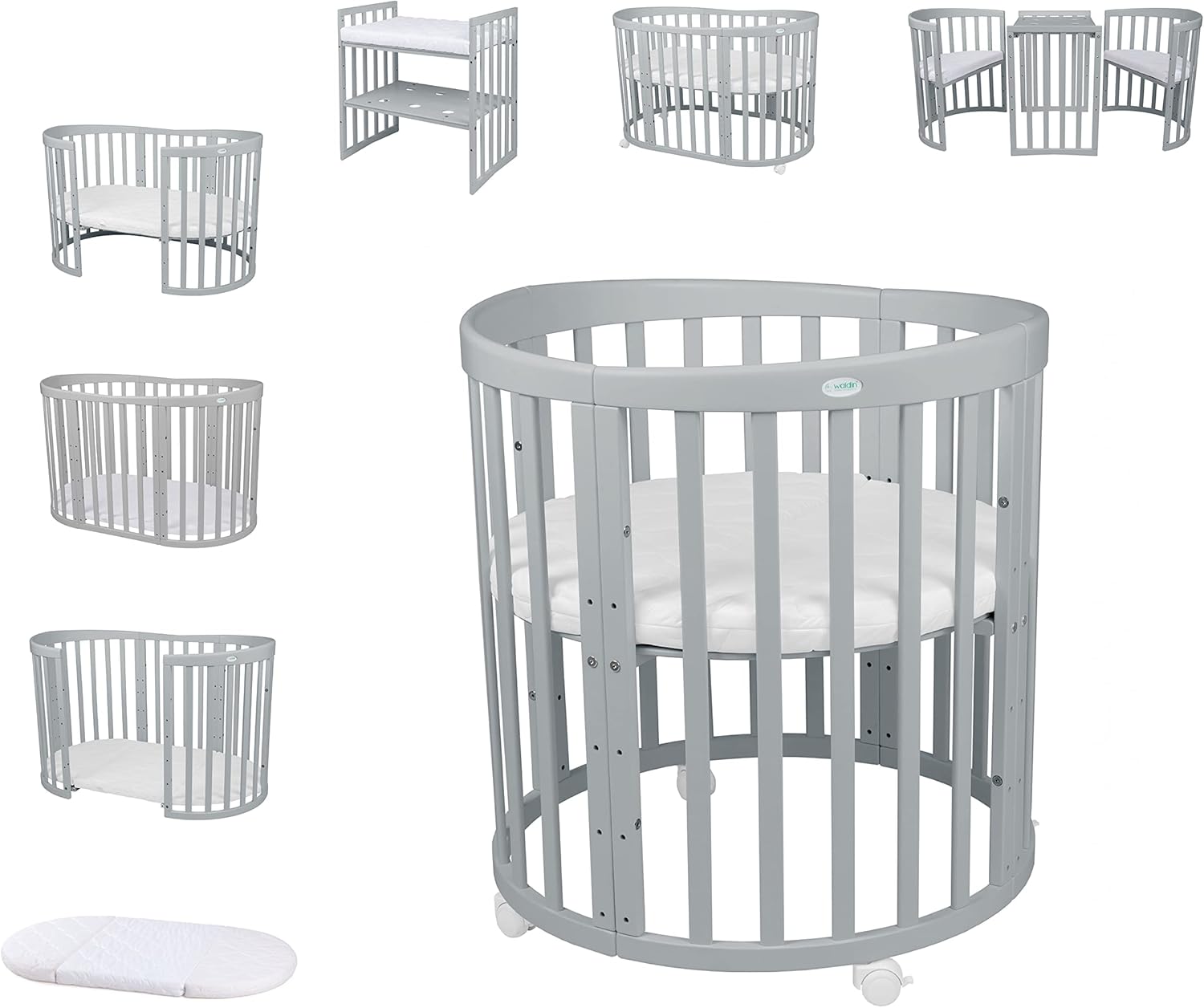 Waldin Oval Baby-Bett 7in1 – Mitwachsend, Gitterbett, Wickelkommode