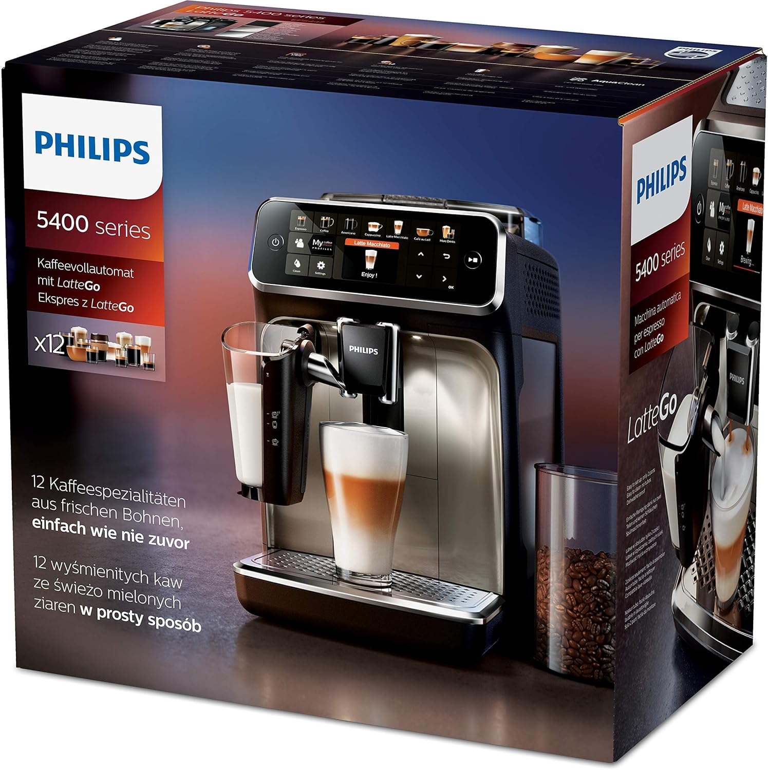 Philips Serie 5400 Kaffeevollautomat – LatteGo Milchsystem, 12 Kaffeespezialitäten, 4 Benutzerprofile
