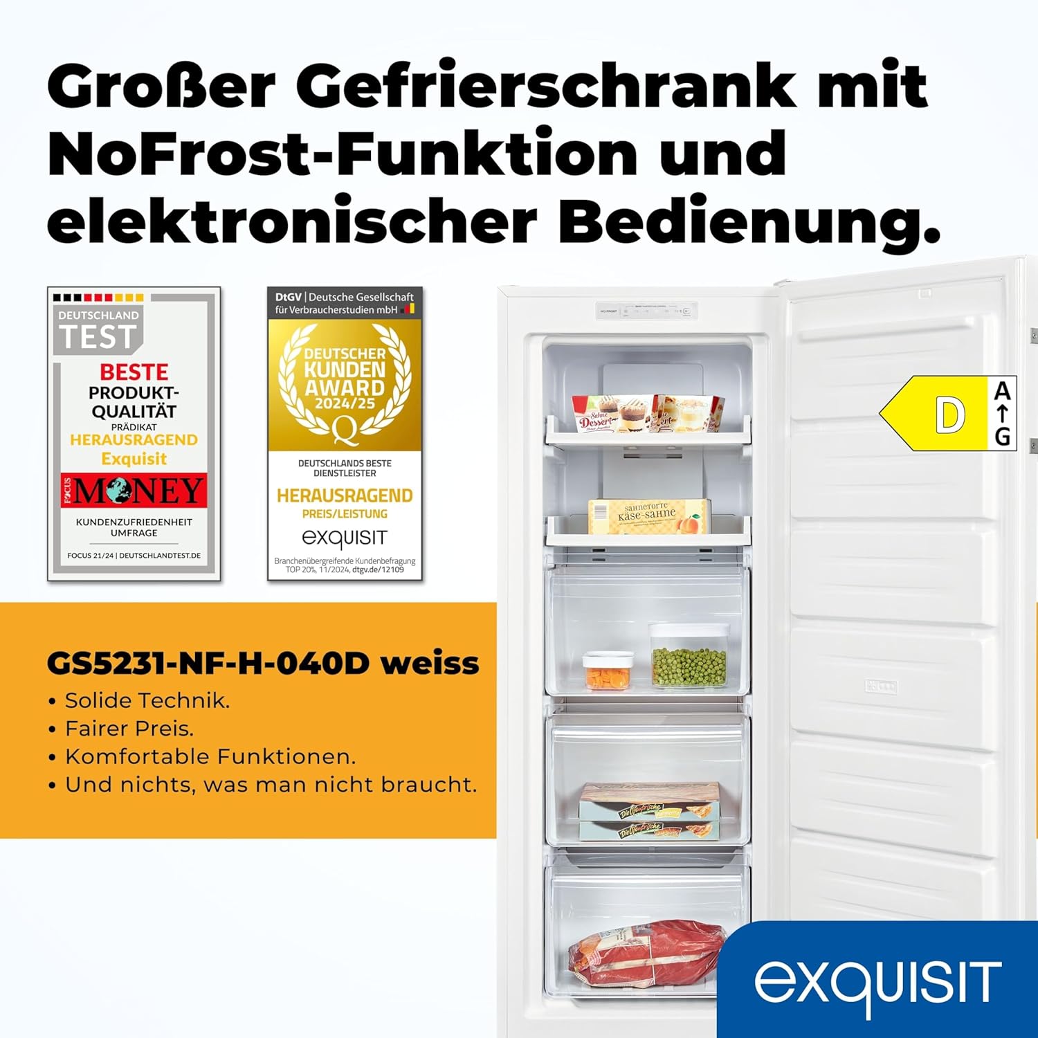 Exquisit Gefrierschrank GS5231-NF-H-040C – 161L Nutzinhalt, NoFrost, Türalarm