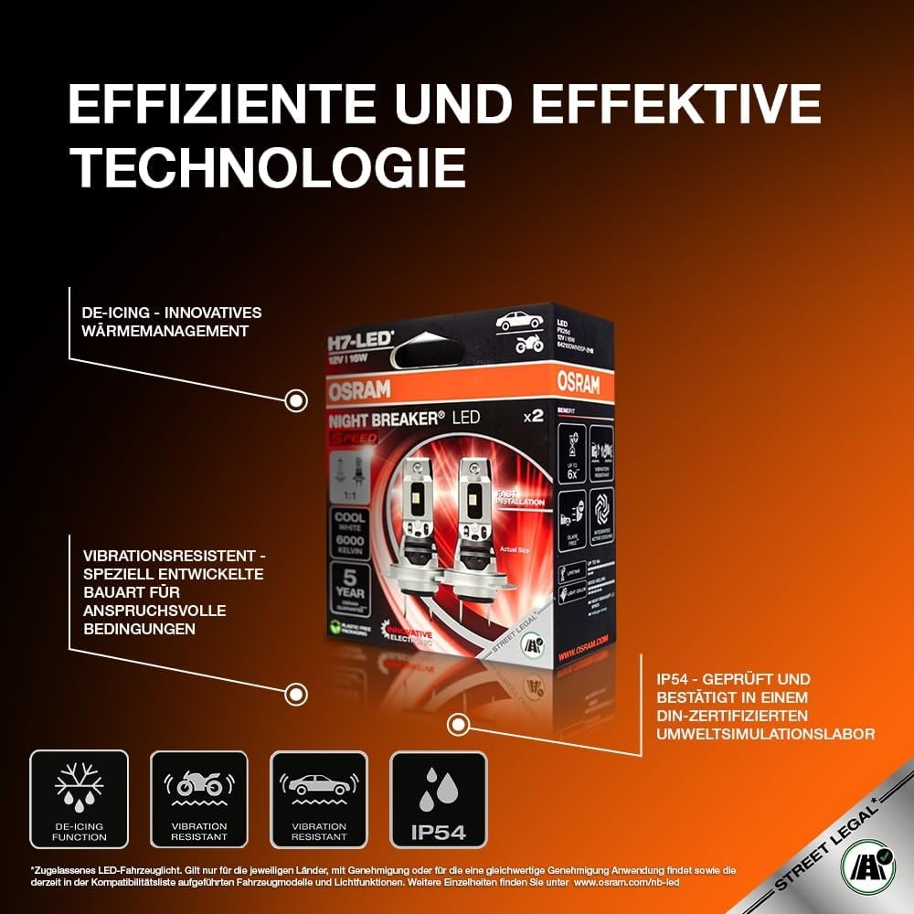 Osram Night Breaker LED Speed H7 – Straßenzugelassene LED Scheinwerferlampe, 6000K, Plug & Play