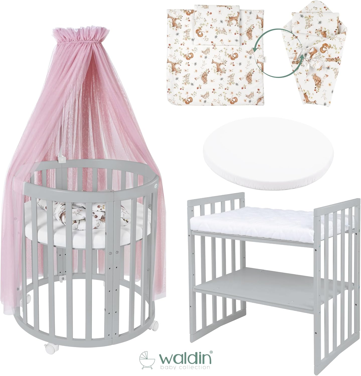 Waldin Oval Baby-Bett 7in1 – Mitwachsend, Gitterbett, Wickelkommode
