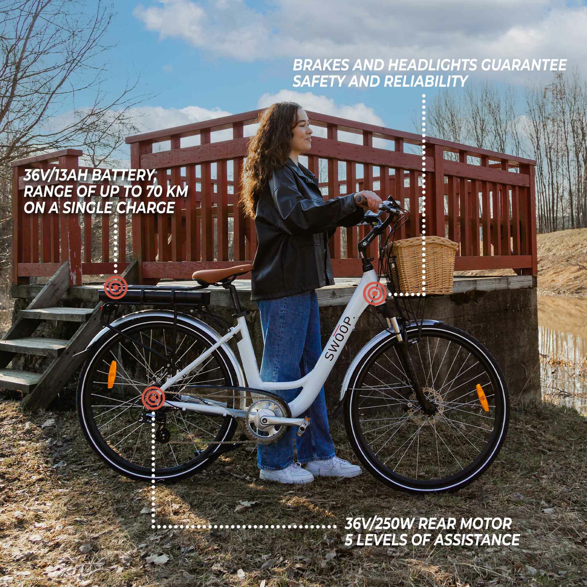 Swoop Elektrofahrrad City Damen 28 – 250 W, 36V/13Ah Akku, 70 km Reichweite