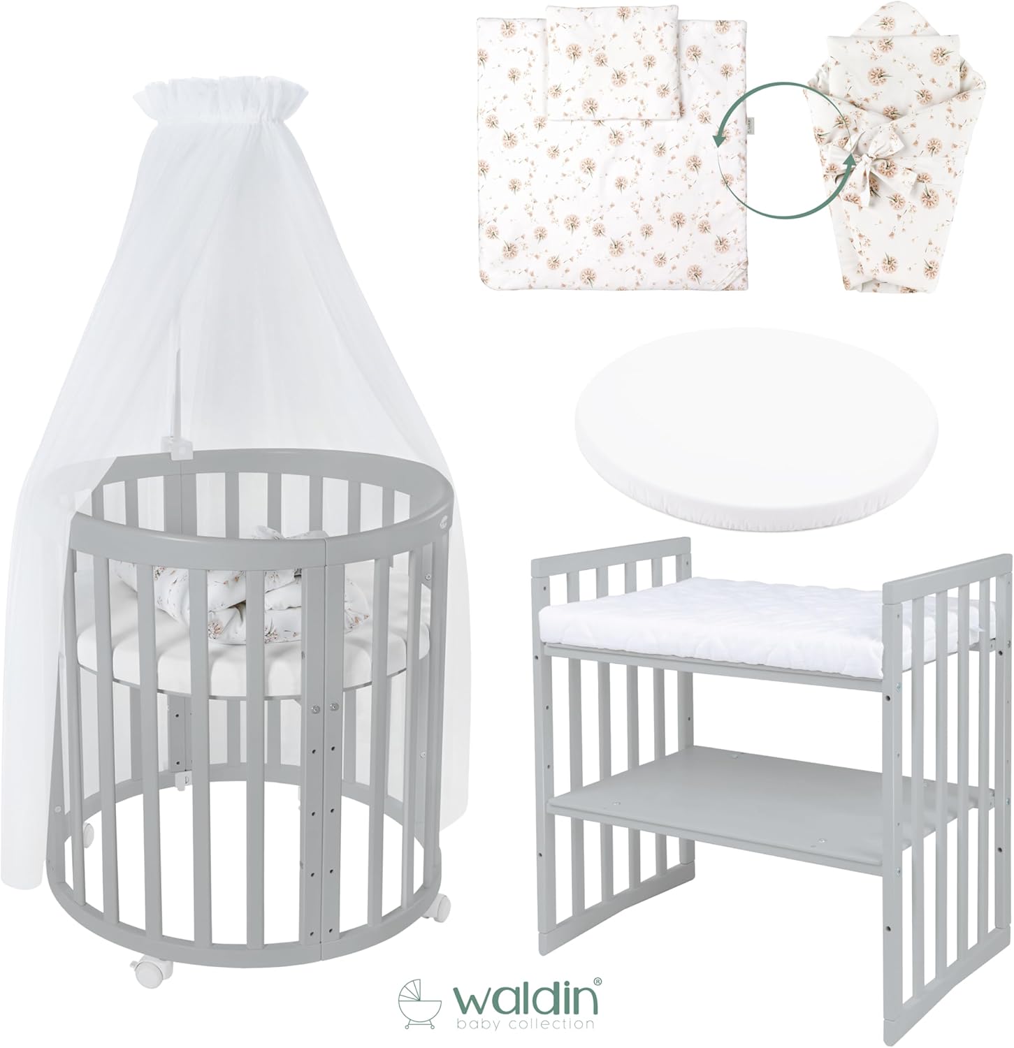 Waldin Oval Baby-Bett 7in1 – Mitwachsend, Gitterbett, Wickelkommode