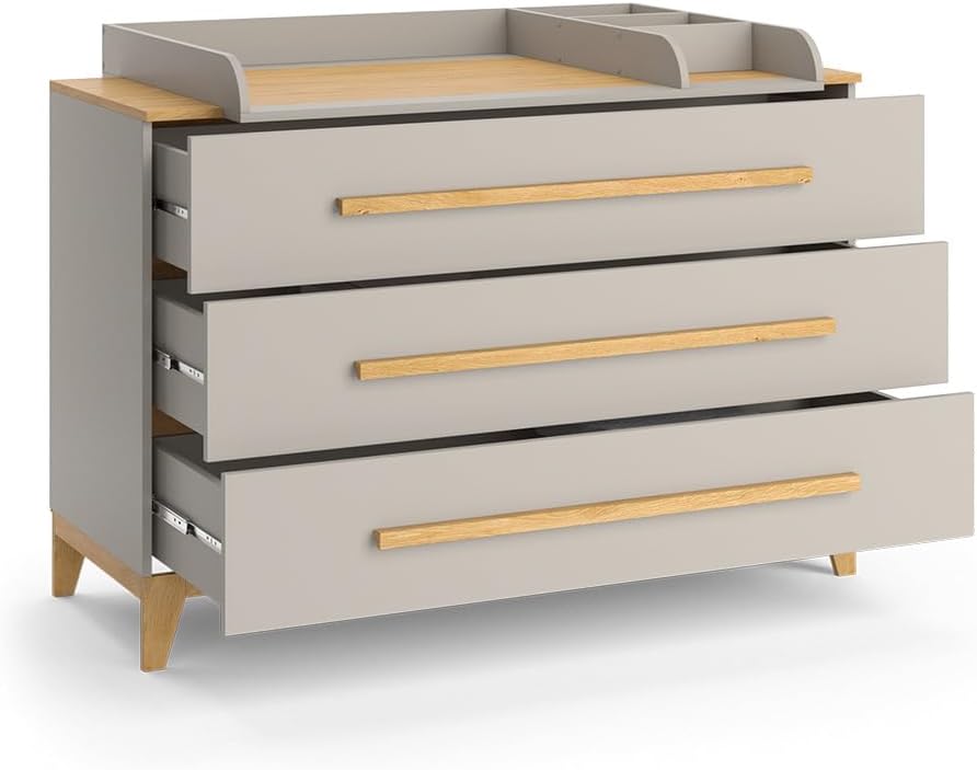 VitaliSpa Wickelkommode Malia XL – 133 x 98 cm, 3 Schubladen, Weiß/Eiche