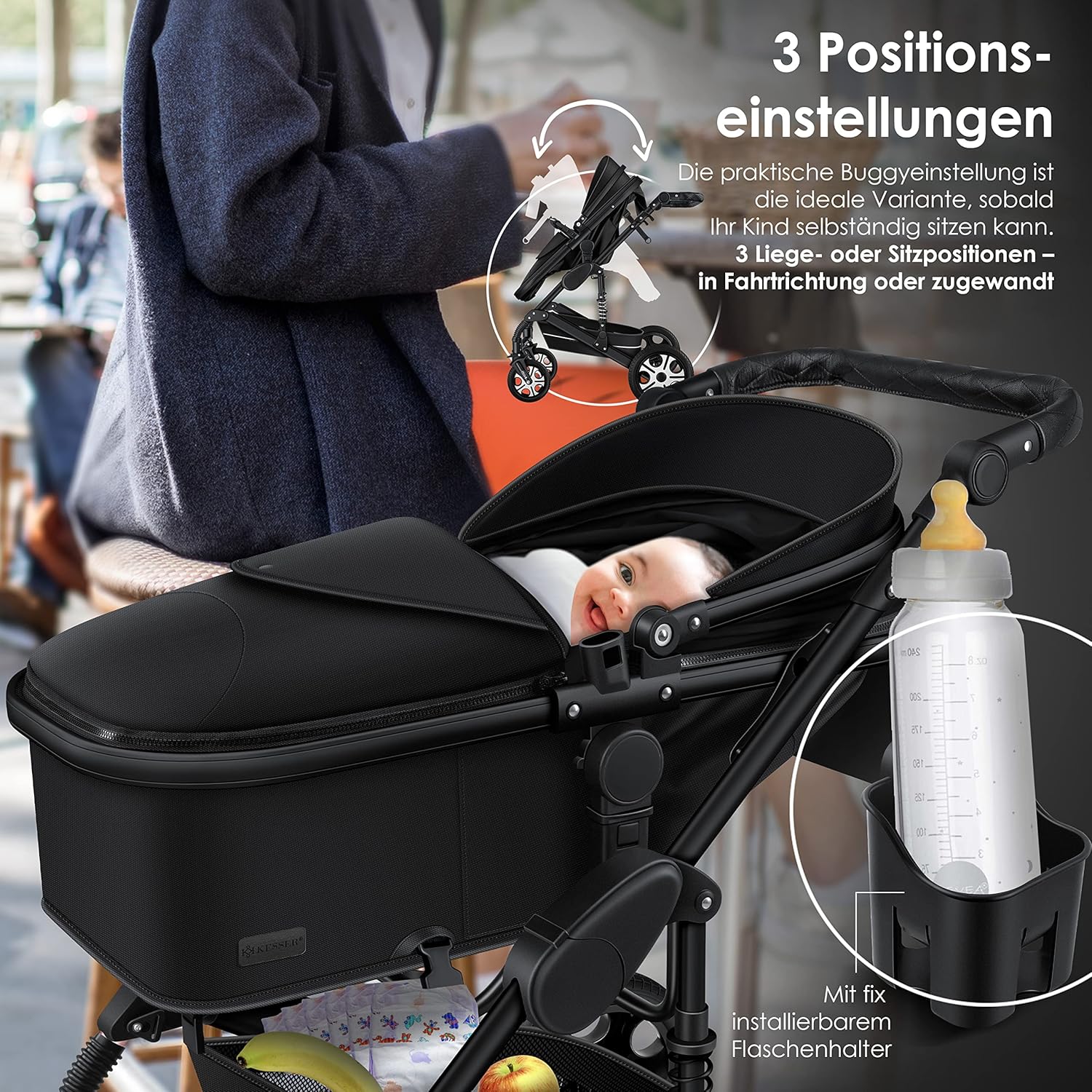KESSER® Loops 3 in 1 Kinderwagen – Babywanne, Buggy Sportsitz, Auto-Babyschale