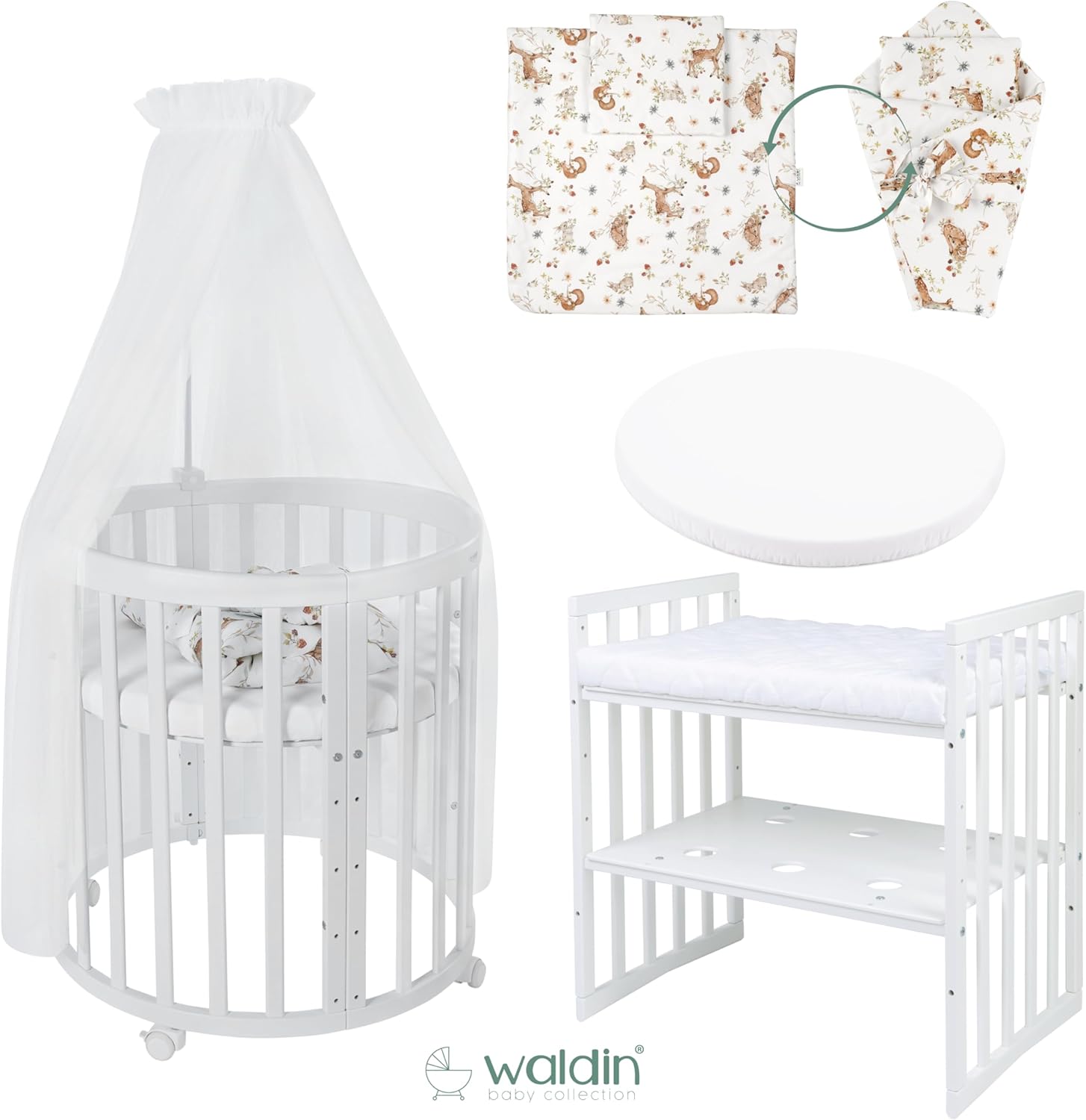 Waldin Oval Baby-Bett 7in1 – Mitwachsend, Gitterbett, Wickelkommode