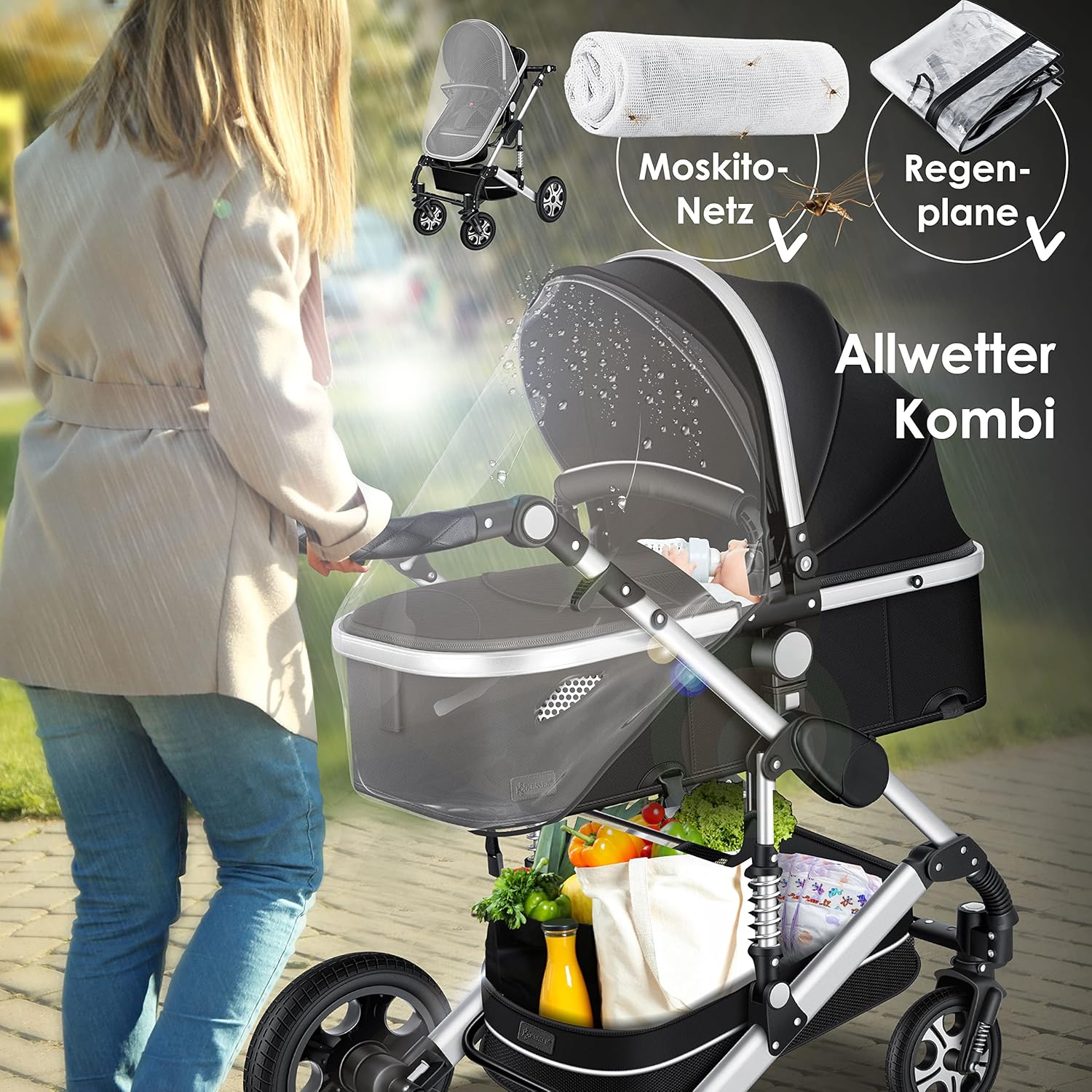KESSER® Loops 3 in 1 Kinderwagen – Babywanne, Buggy Sportsitz, Auto-Babyschale