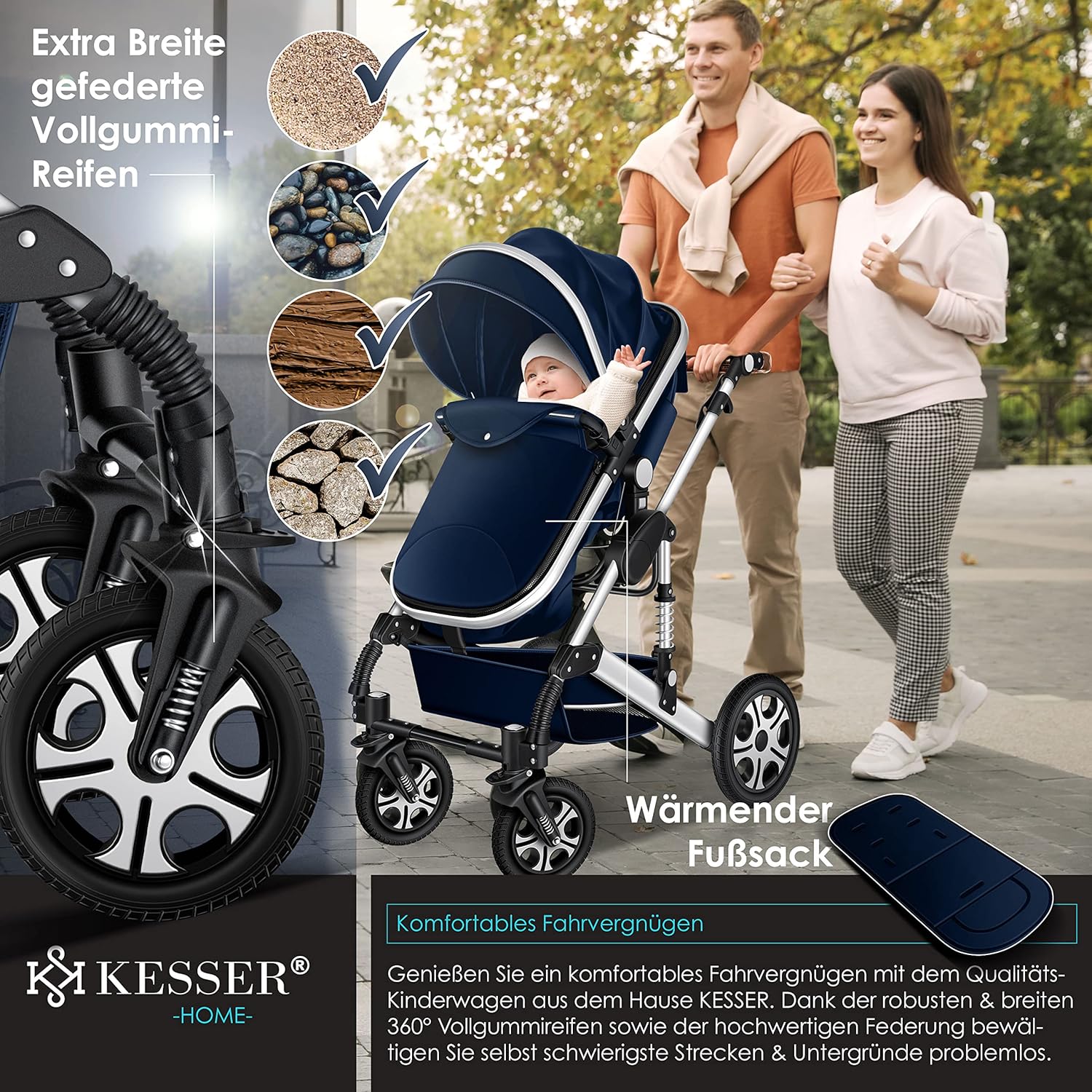 KESSER® Loops 3 in 1 Kinderwagen – Babywanne, Buggy Sportsitz, Auto-Babyschale