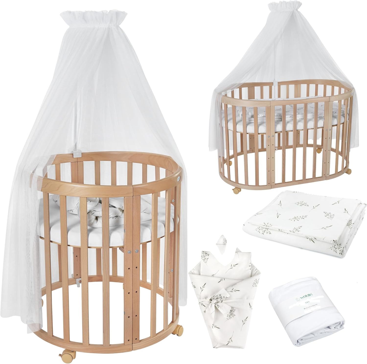 Waldin Oval Baby-Bett 7in1 – Mitwachsend, Gitterbett, Wickelkommode