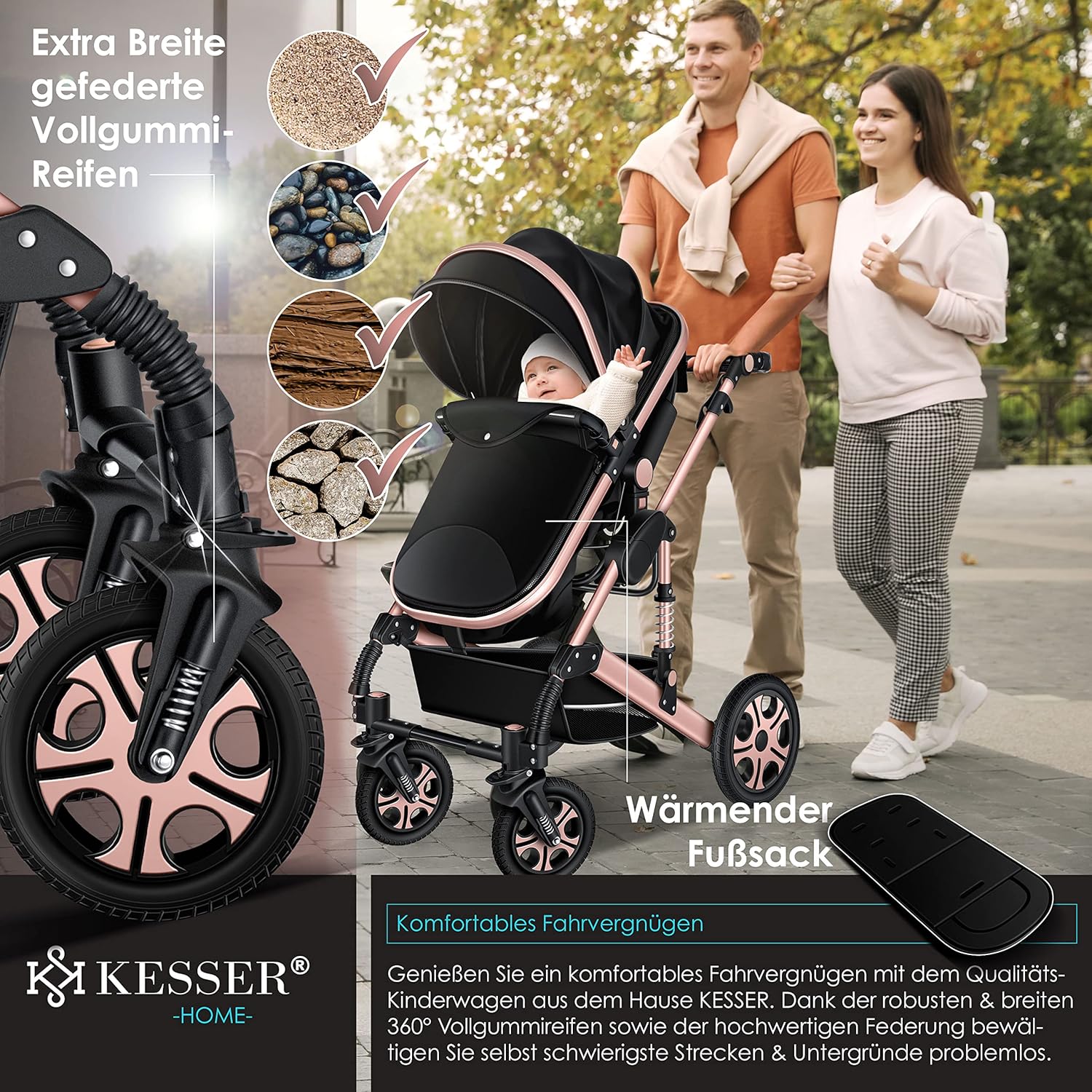 KESSER® Loops 3 in 1 Kinderwagen – Babywanne, Buggy Sportsitz, Auto-Babyschale