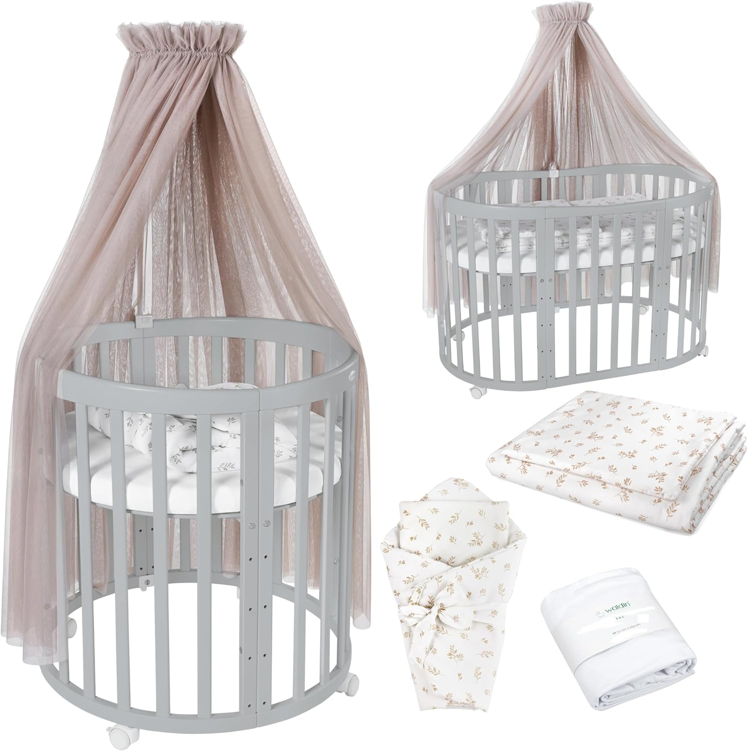 Waldin Oval Baby-Bett 7in1 – Mitwachsend, Gitterbett, Wickelkommode