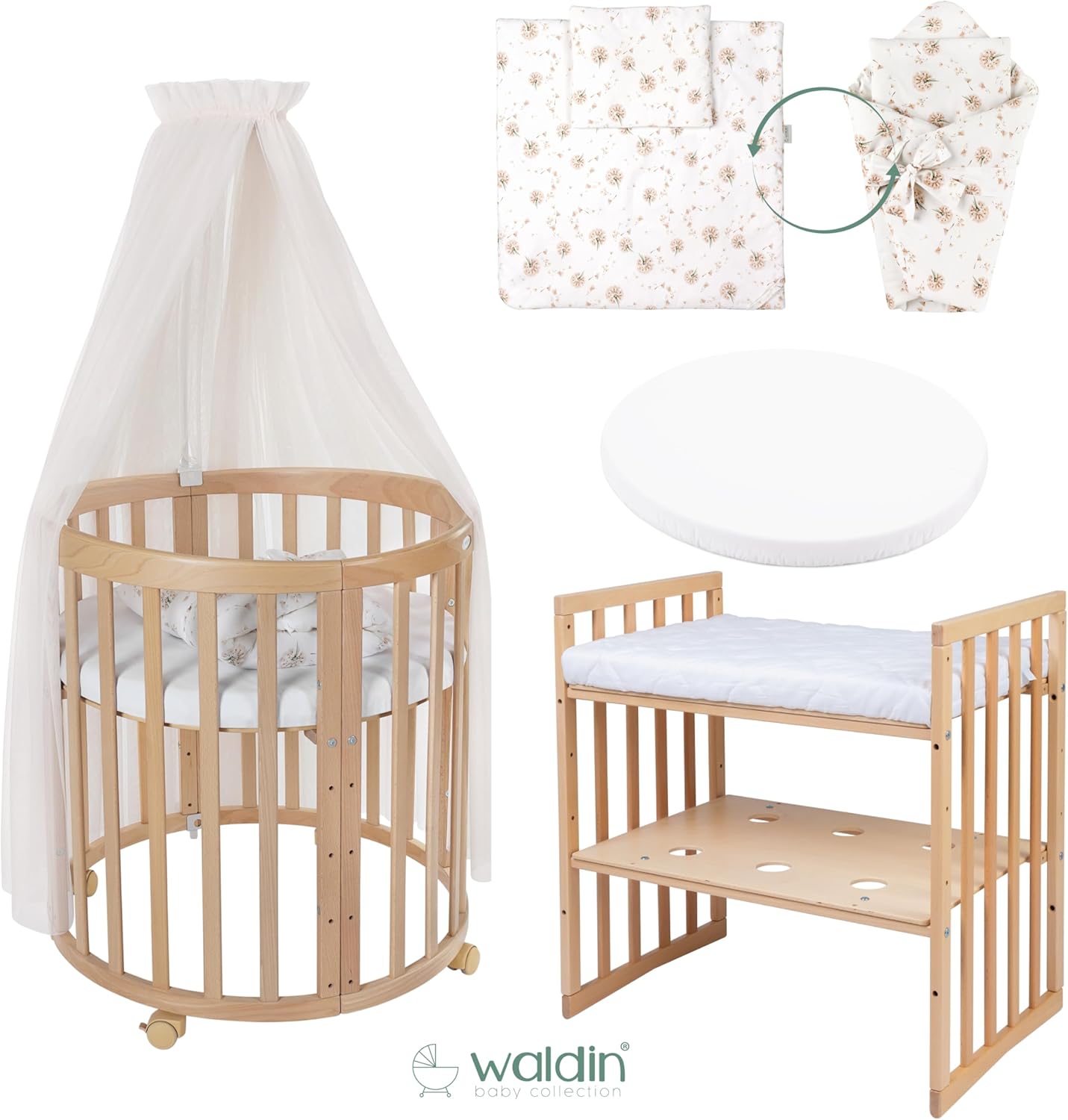 Waldin Oval Baby-Bett 7in1 – Mitwachsend, Gitterbett, Wickelkommode